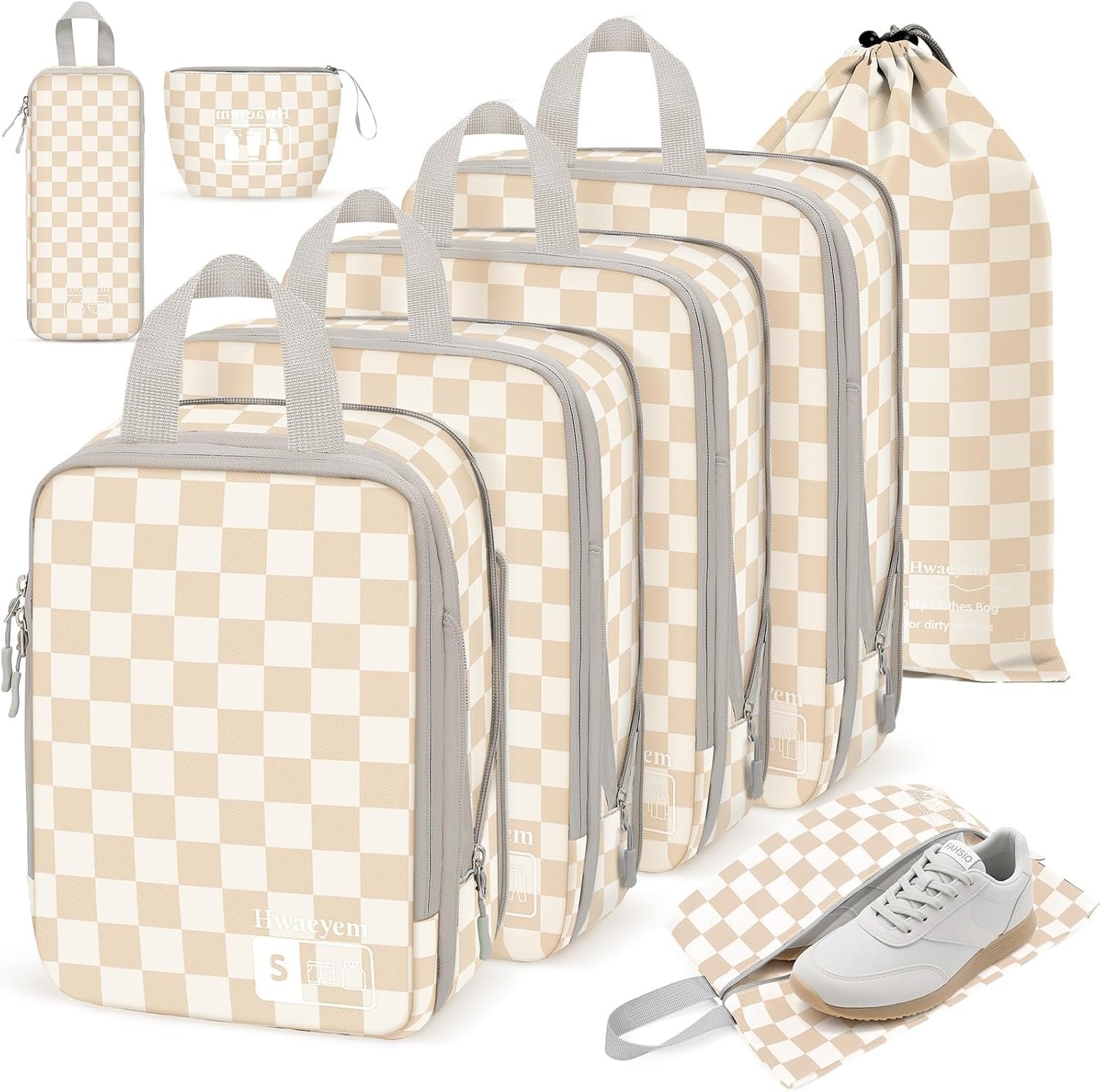 8 Set Compression Packing Cubes Travel, Lightweight Durable Packing Compression Cubes, Accessories Bags Packing Cubes for Travel Luggage Organizer (Khaki Checkered)
