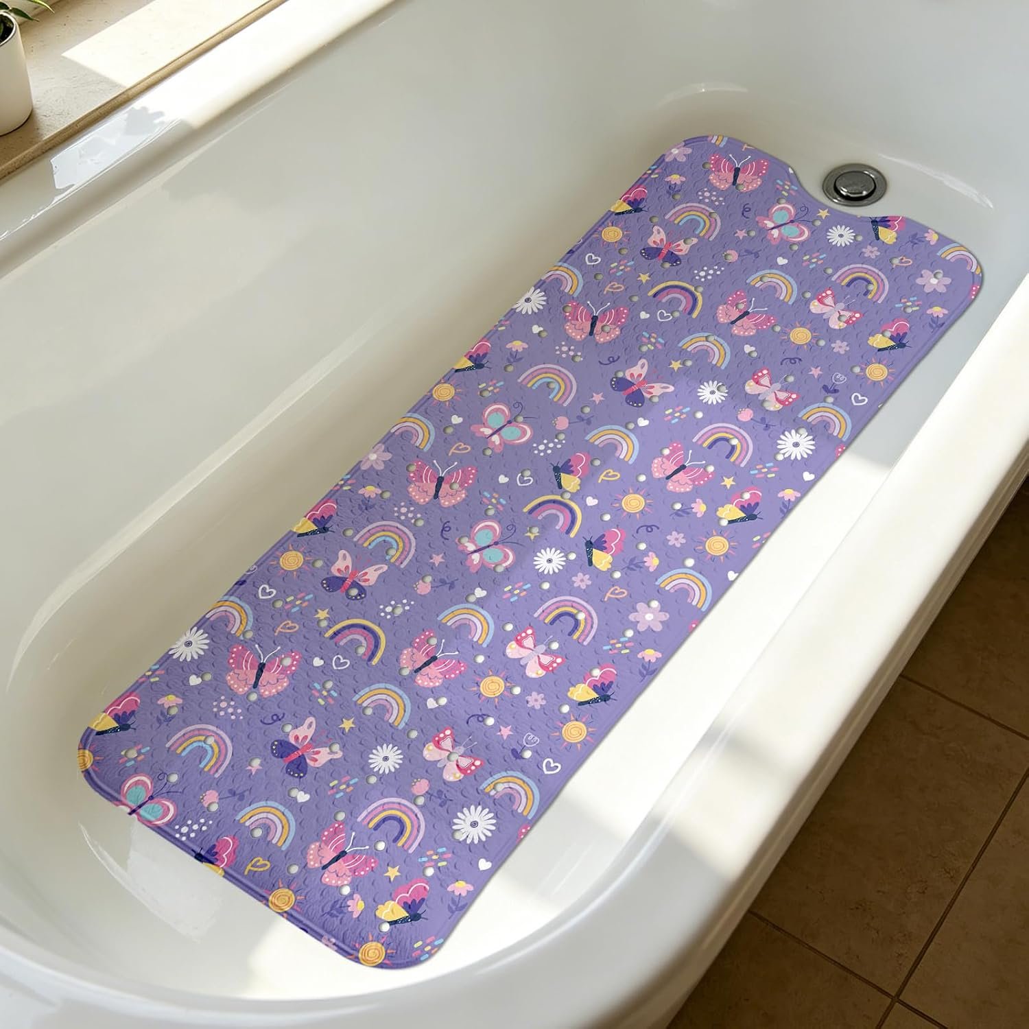 Rainbow Butterfly Bathtub Mat Non Slip with Drain Holes and Suction Cups Bath Mat 40×16 Inch Tub Mats Shower Mats for Kids