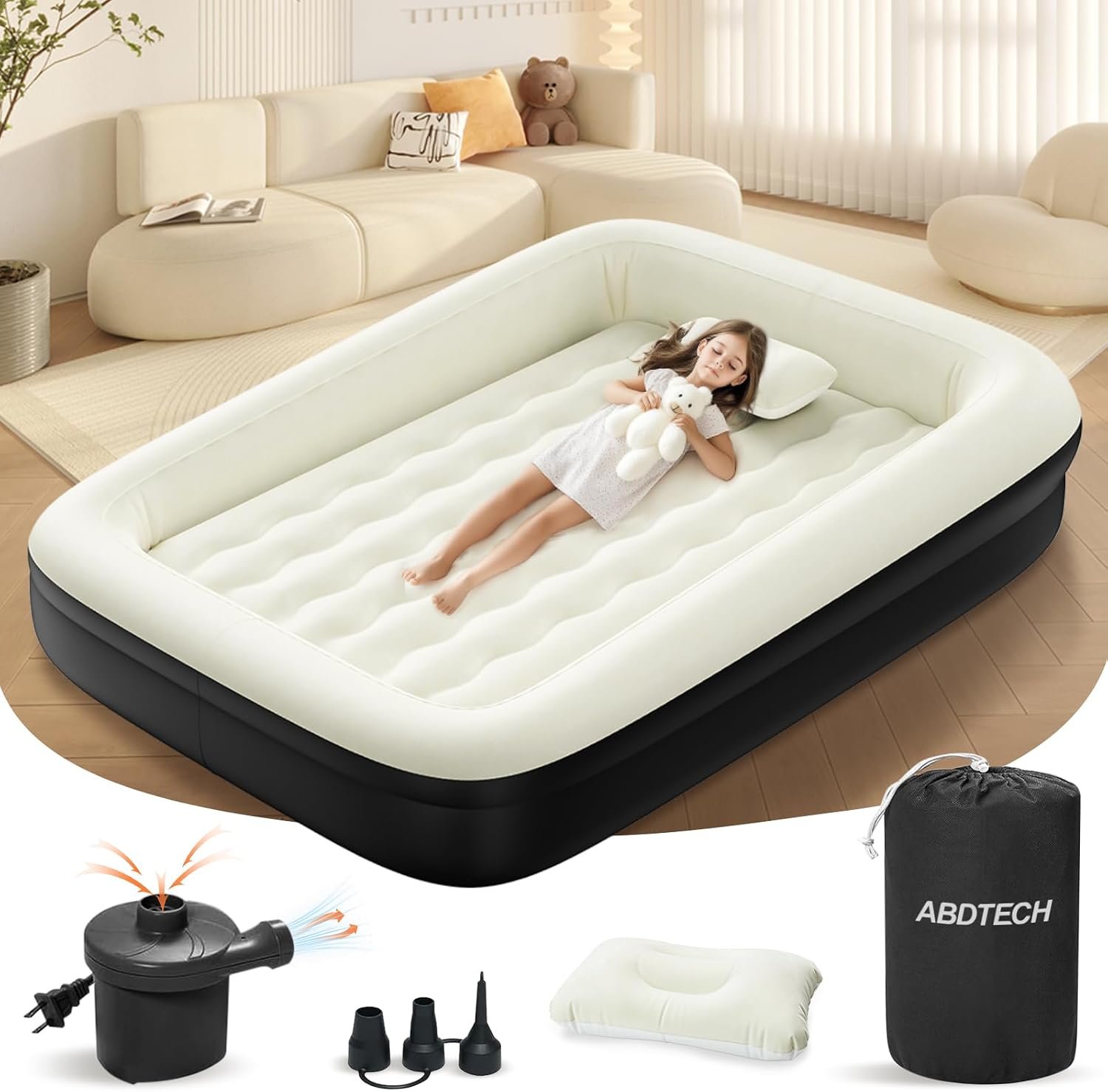 Inflatable Toddler Travel Bed – 64 Inches Portable Toddler Air Mattress with Four Safety Sides – High-Speed Pump and Carry Bag – Comfortable Mattress & Easy to Inflate and Deflate – Black