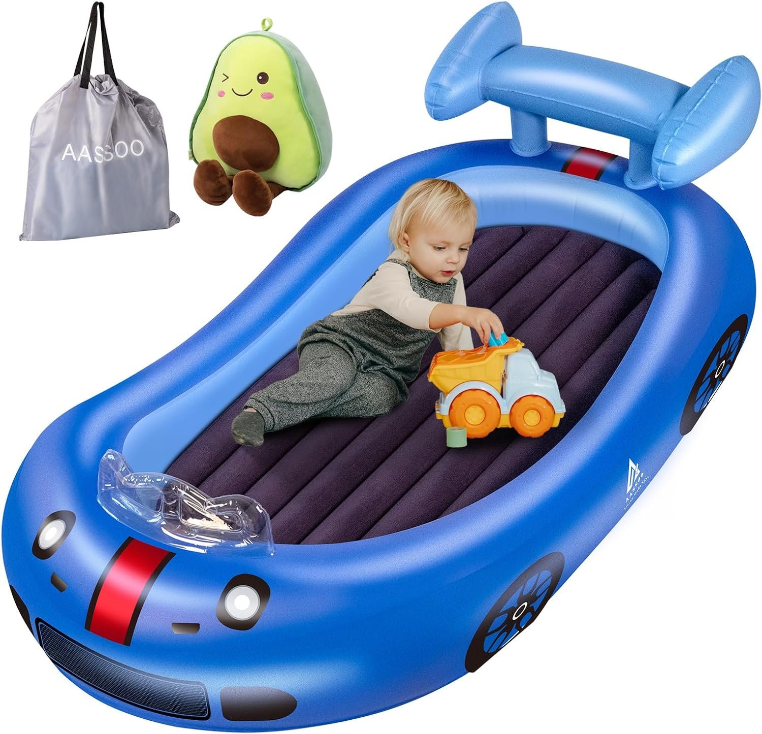 Blow up Inflatable Toddler Travel Bed with Sides, Toddler Air Mattress for Camping, Traveling, Hotel, or Home Use,Avocado Plush Toy Included