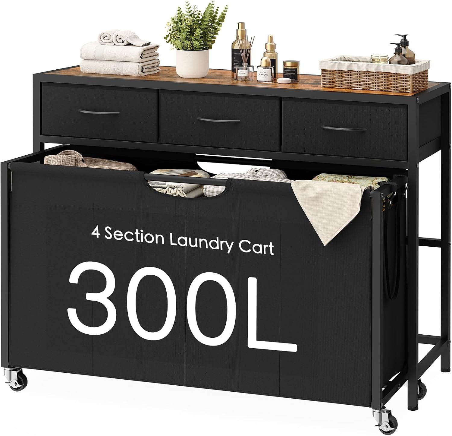 Laundry Sorter, Rolling Laundry Hamper with 4 Section Pull-Out Bags, 300L Large Laundry Basket Organizer with 3 Drawers, Laundry Hamper with Wheels for Laundry Room Organization, Bathroom, Bedroom