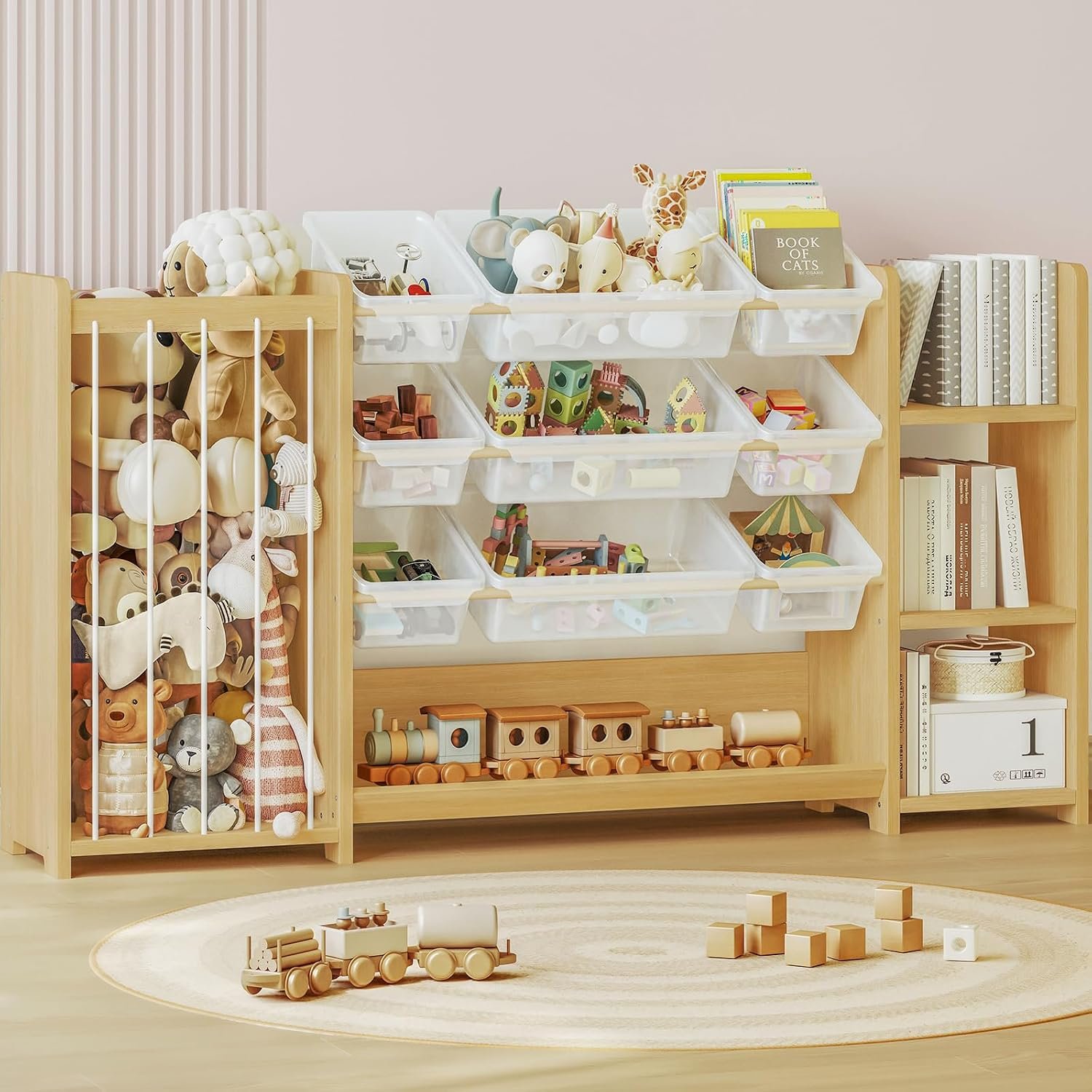 3-in-1 Montessori Toy Organizer with Bookshelf, 9 Clear Bin & Plush Storage
