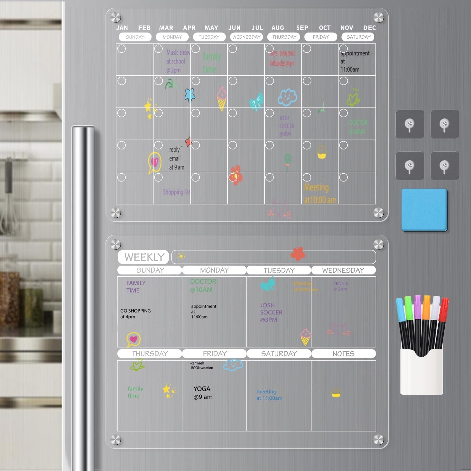 Acrylic Magnetic Dry Erase Calendar Board for Fridge, 16″X12″ – Erasable Monthly and Weekly Planner with to-Do List, Includes 6 Markers and Eraser