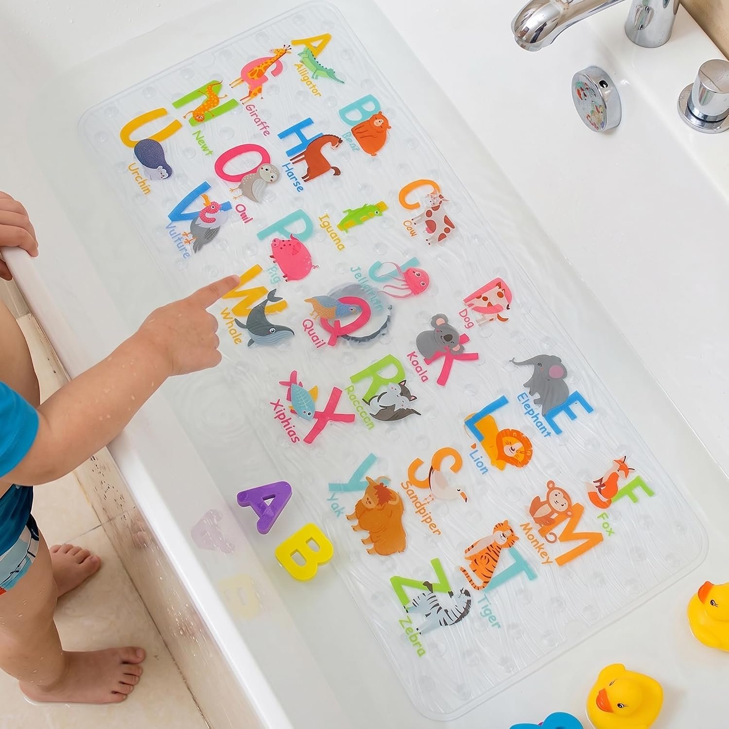 BEEHOMEE Bath Mats for Tub Kids,Baby Toddler – Large Cartoon Non-Slip Bathroom Bathtub Anti-Slip Shower Mats for Floor 35×15,Machine Washable XL Size Bathroom Mats (Alphabet)