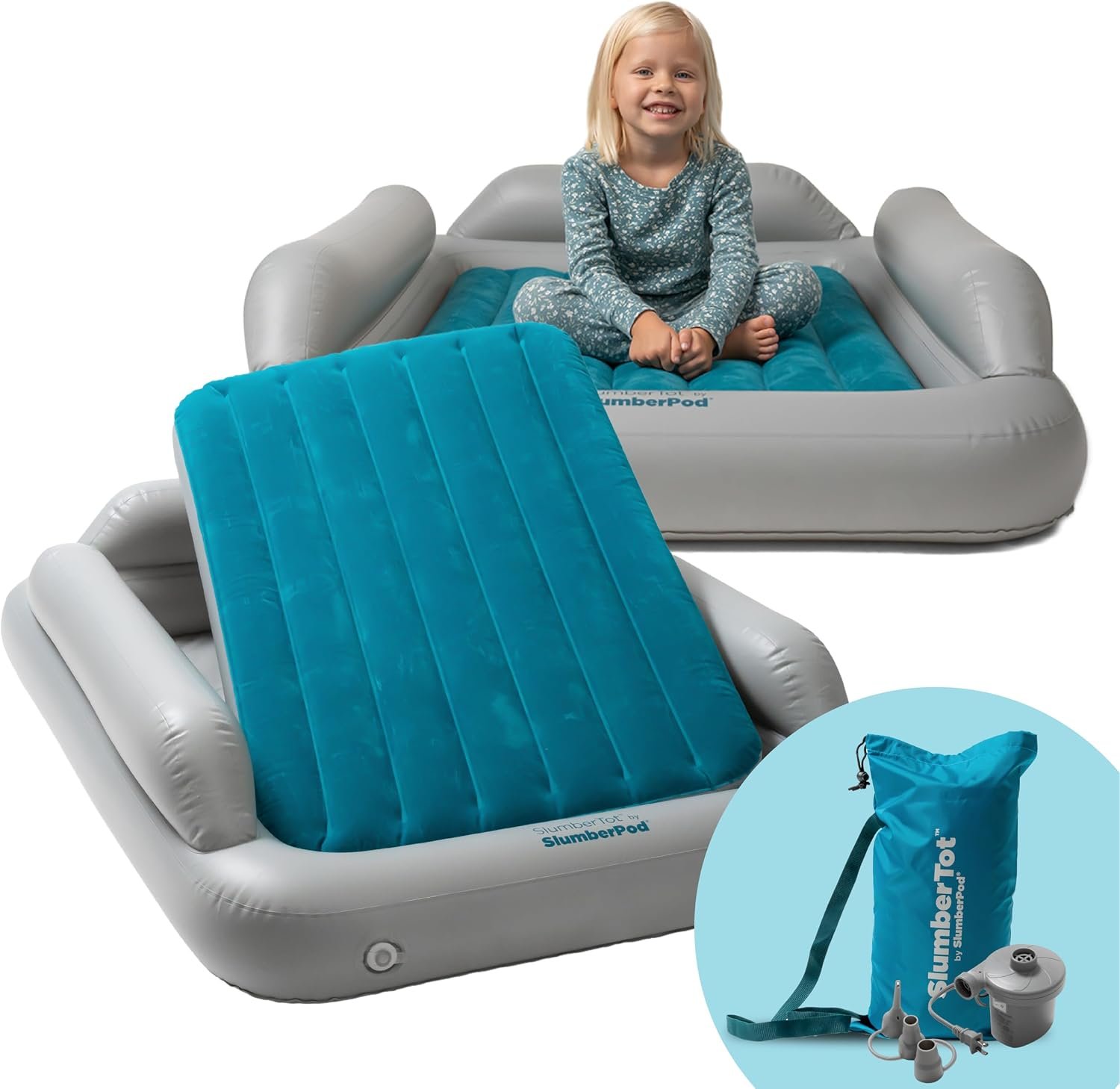 SlumberPod SlumberTot Inflatable Toddler Travel Bed – Portable Kids Air Mattress with Safety Bumpers – Perfectly Sized Ideal for Travel or Home Use – Includes Electric Pump