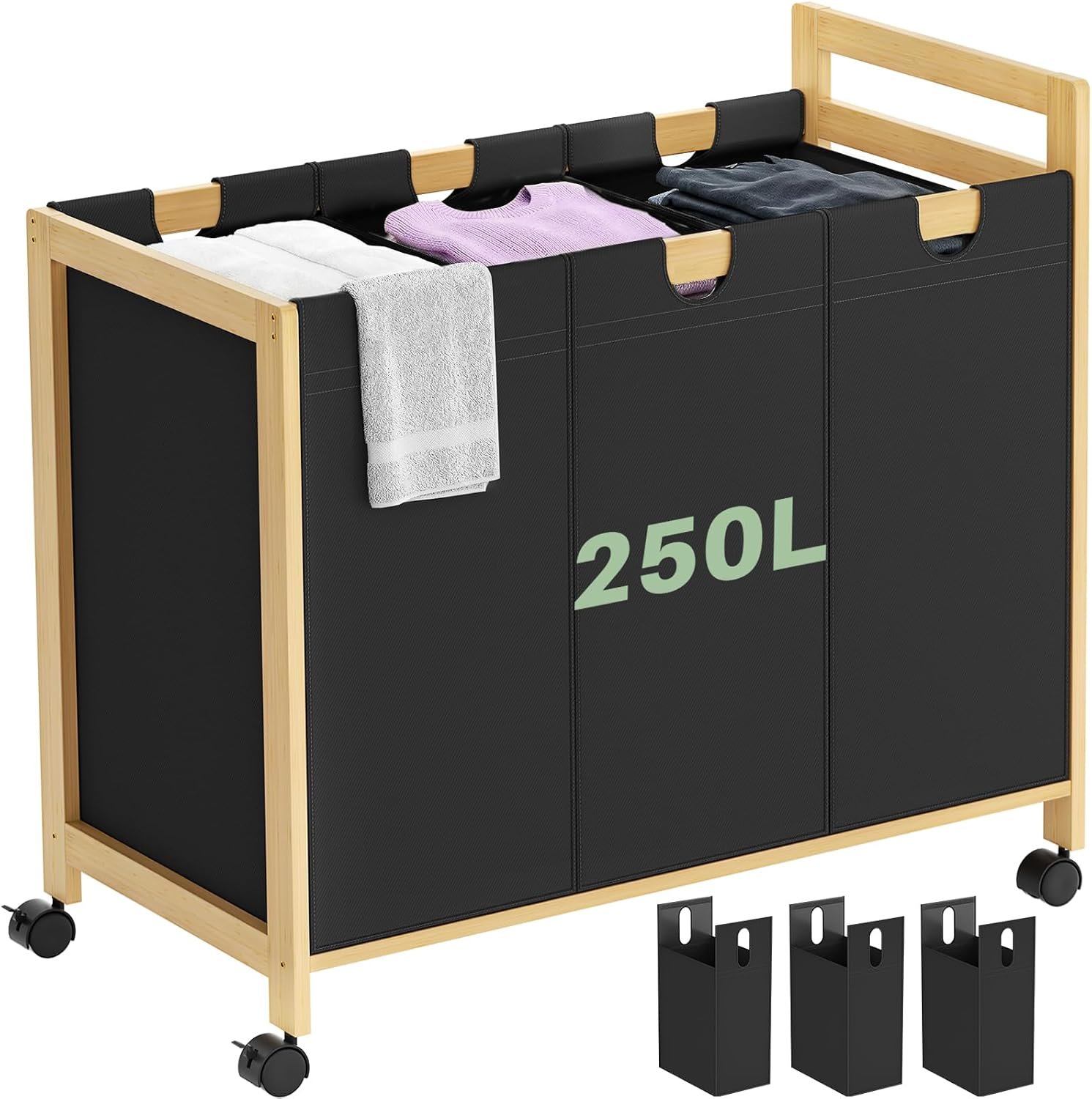 Homykic 250L Laundry Sorter with Wheels, 3-Section Laundry Hamper, Black