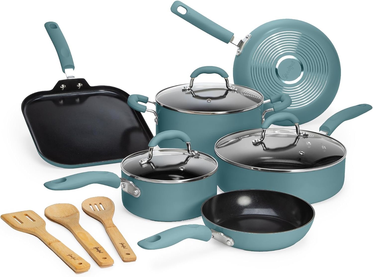 Goodful Ceramic Nonstick Pots and Pans Set, Premium Ceramic Coating Made without PFOA, PTFE or PFAS, Dishwasher Safe, 12-Piece, Turquoise
