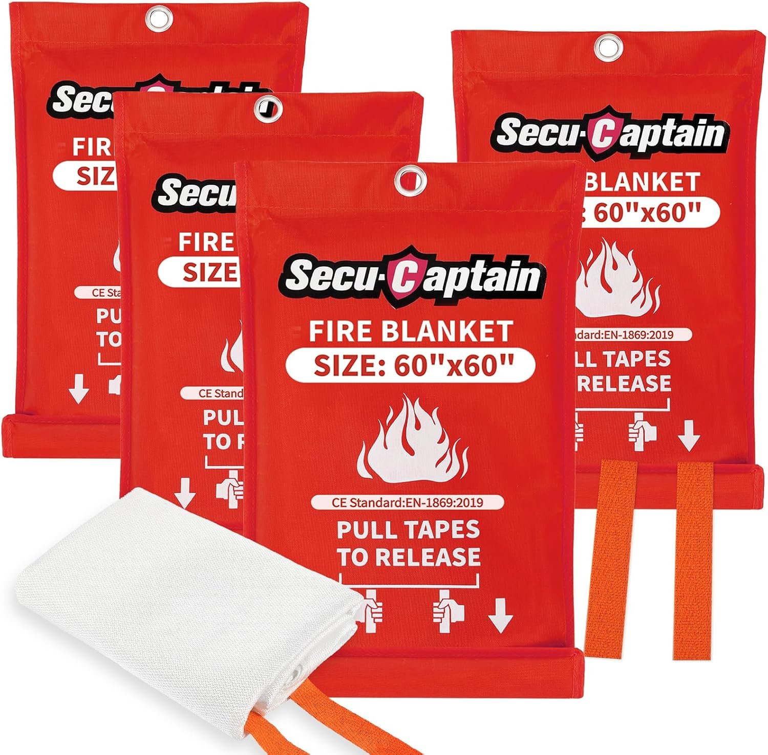 SecuCaptain Emergency Fire Blanket for Home – 60″x60″ X-Large 4 Pack Flame Retardant Blankets with Fireproof Tabs for House Camping Kitchen Fire Protection Survival Safety