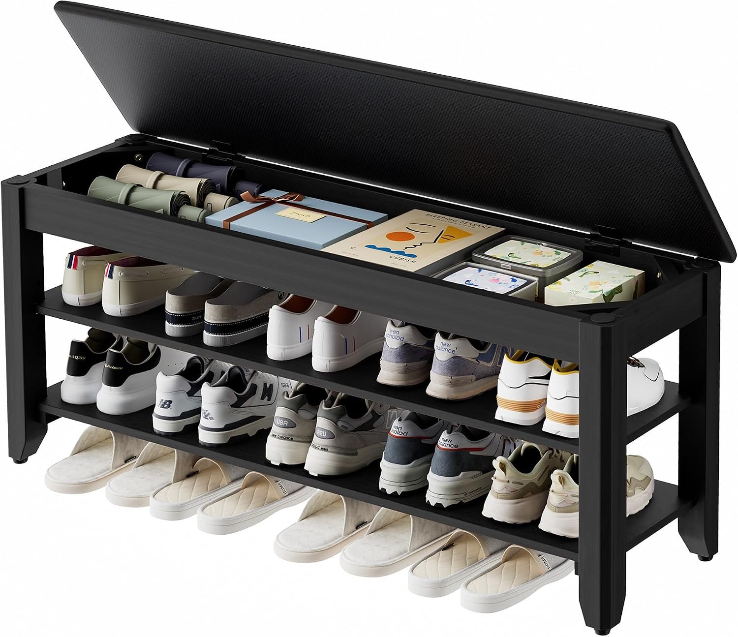 Homleke 39.4″ Wide Solid Wood Shoe Rack Bench with Flip-Top Storage