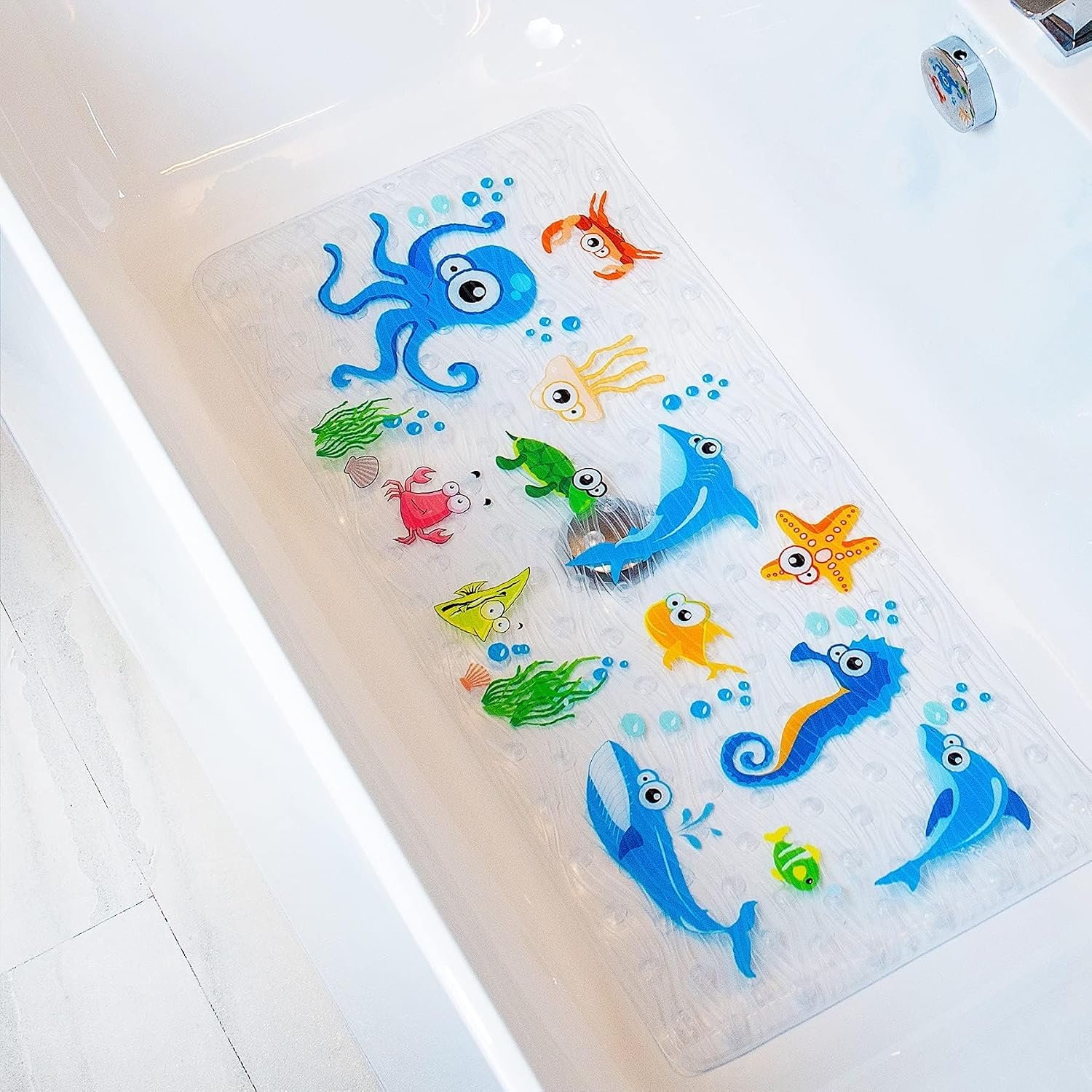 BEEHOMEE Bath Mats for Tub Kids,Baby Toddler – Large Cartoon Non-Slip Bathroom Bathtub Anti-Slip Shower Mats for Floor 35×15,Machine Washable XL Size Bathroom Mats (Blue-Octopus)