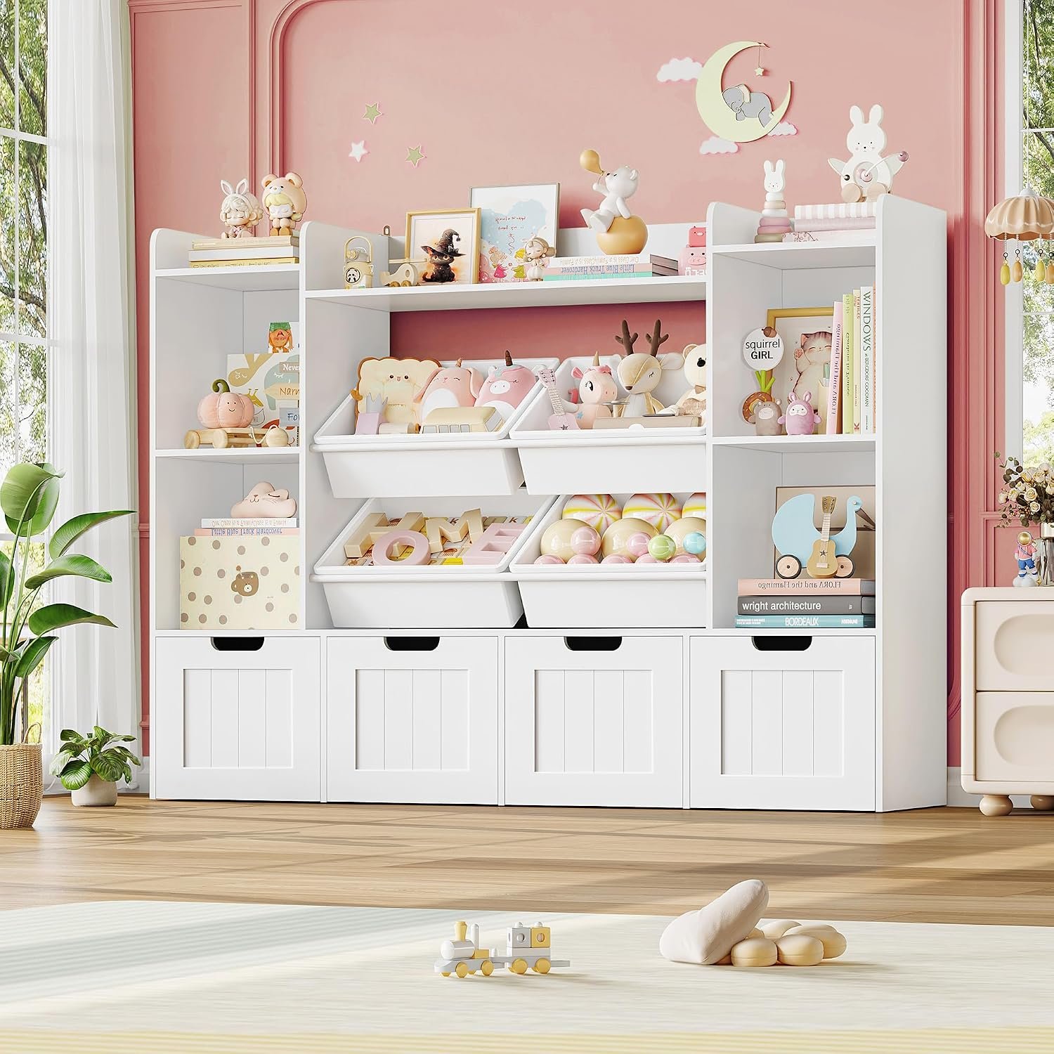 Toy Storage Organizer, Toy Organizer with 4 Movable Drawers and 4 Box Bins, Kids Playroom Storage Organization with Hidden Wheels for Living Room, Kids Room