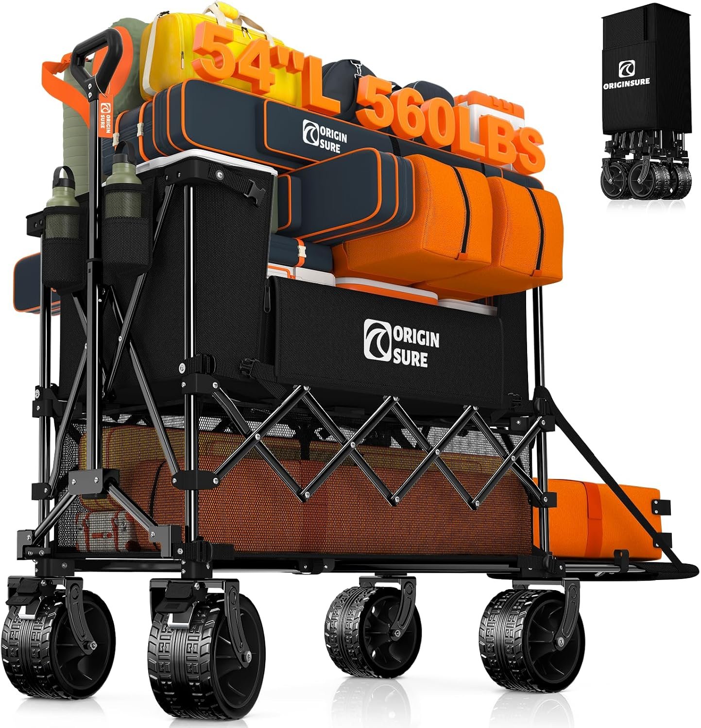 Originsure 400L Foldable Double Decker Wagon, 54″ L Tailgate, 560lbs, Black