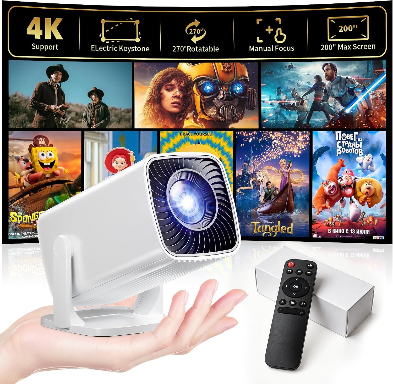 Mini Projector 4K Support, Portable Projector Full HD 1080P Support