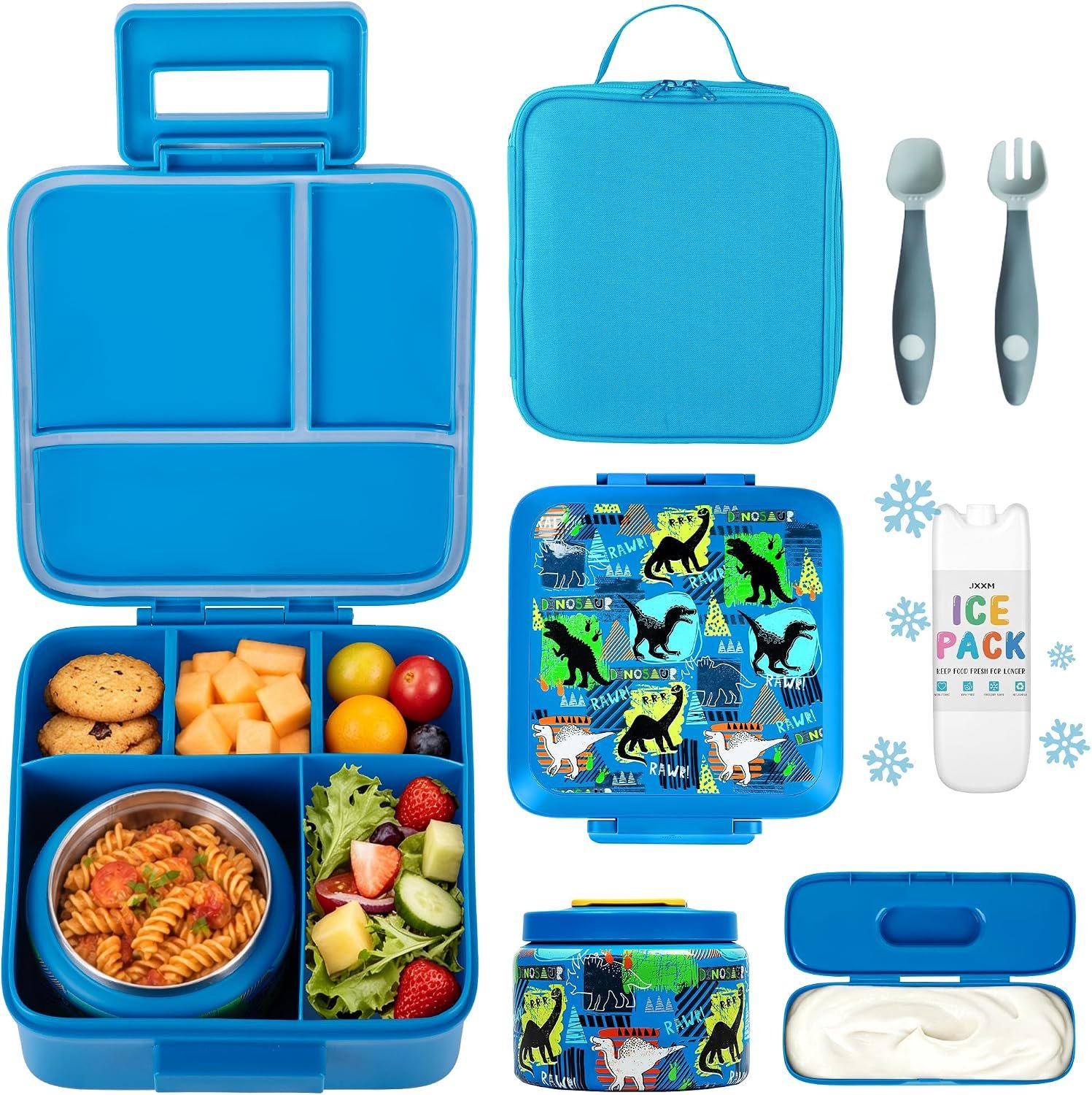 JXXM Bento Lunch Box for Kids With 8oz Soup thermo,Leak-proof Lunch Containers with 5 Compartment,thermo Food Jar and Lunch Bag, Food Containers for School (A-Blue(Dinosaur))