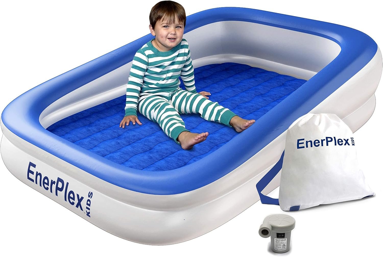 EnerPlex Kids Inflatable Travel Bed with High Speed Pump, Portable Blow up Toddler Air Mattress with Sides – Built-in Safety Bumper – Blue