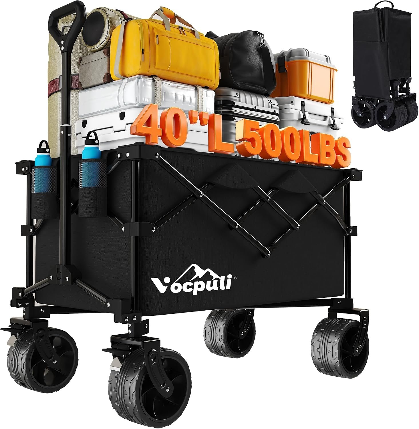 40″ L Collapsible Wagon Cart Foldable, 500lbs Weight Capacity 250L Heavy Duty Folding Beach Wagons with Big All-Terrain Wheels, Utility Carts for Groceries, Shopping, Camping, Sports – Black