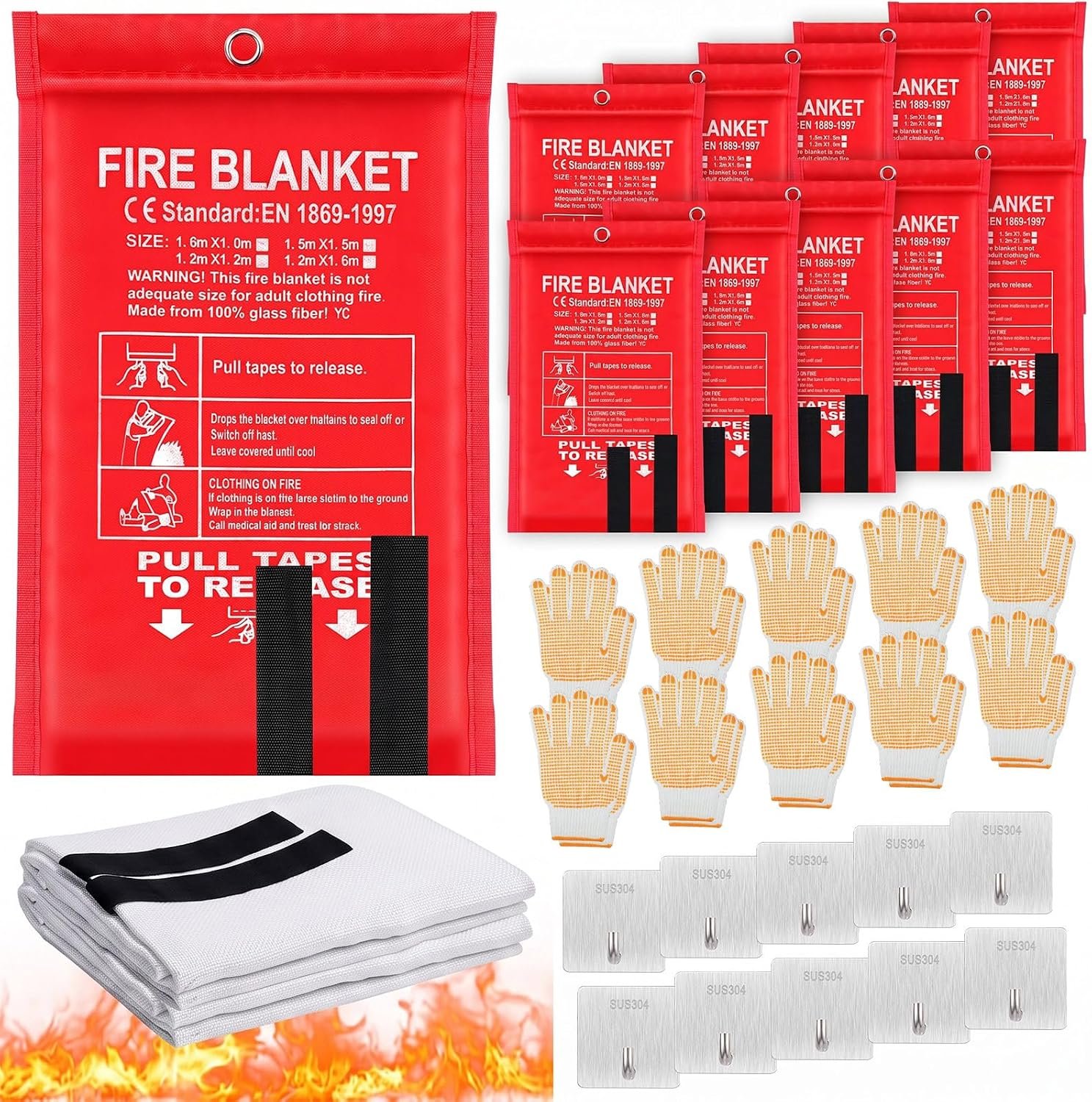 Copkim 30 Pcs Emergency Fire Blankets Fiberglass 40×40 with Gloves & Hooks