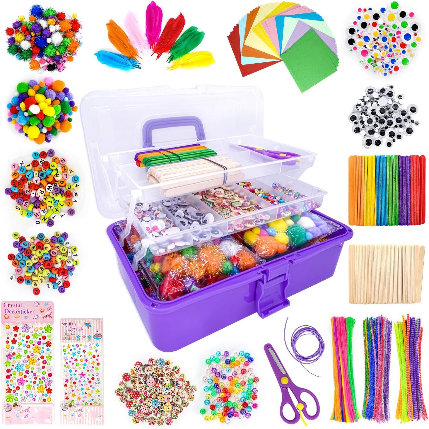 kortes Jumbo Art and Craft Supplies for Kids, Toddler DIY Craft Art Supply Set Included Pipe Cleaners, Pom Poms, Feather, Folding Storage Box – All in One for Craft DIY Art Supplies (Purple)