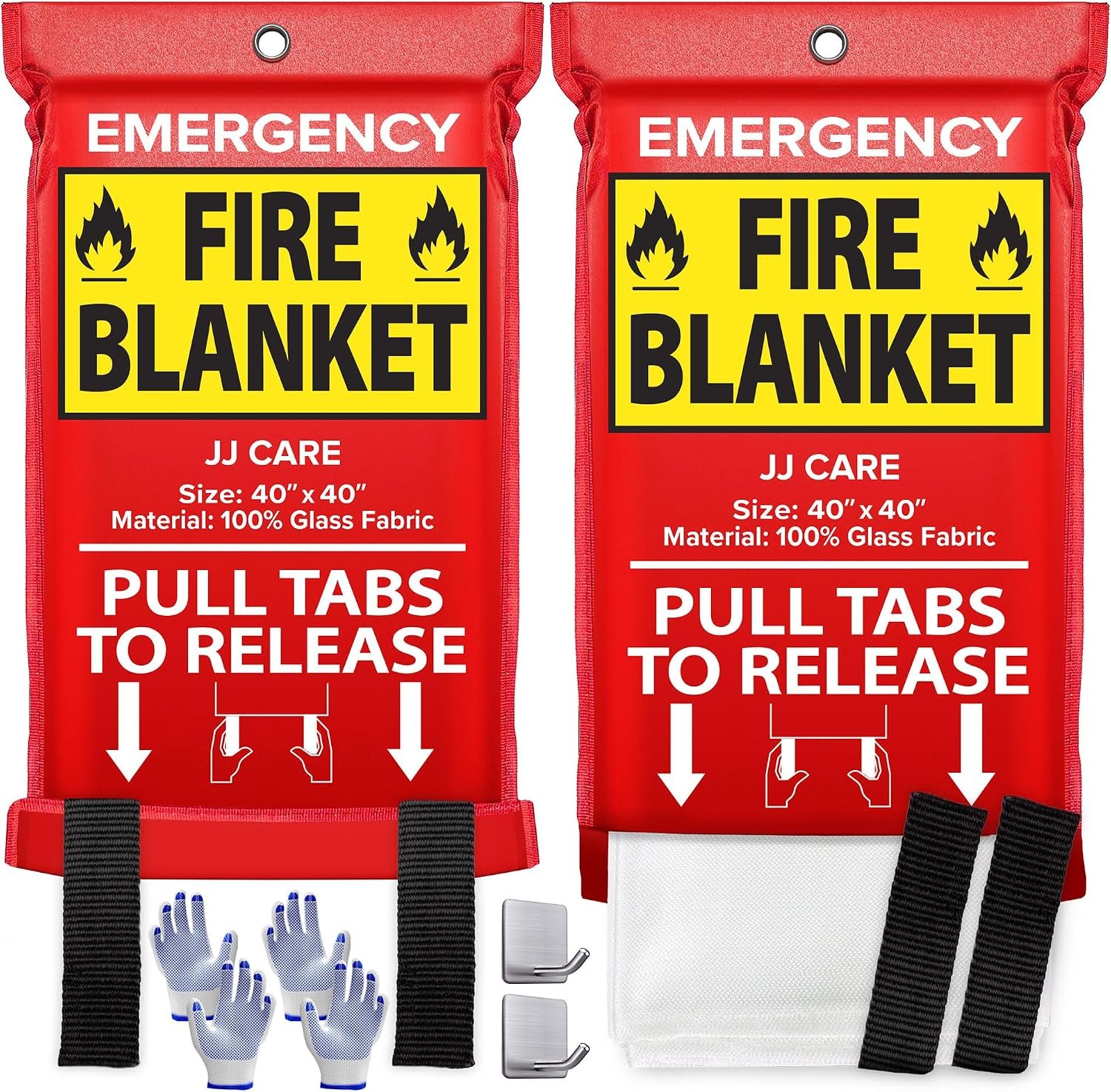JJ CARE Fire Blanket – 2 Pack with Hooks and Gloves, 40″ x 40″ Flame Retardant Emergency Safety Cover for Home, Kitchen, Grill, Car, Office, Camping, High Heat Resistant