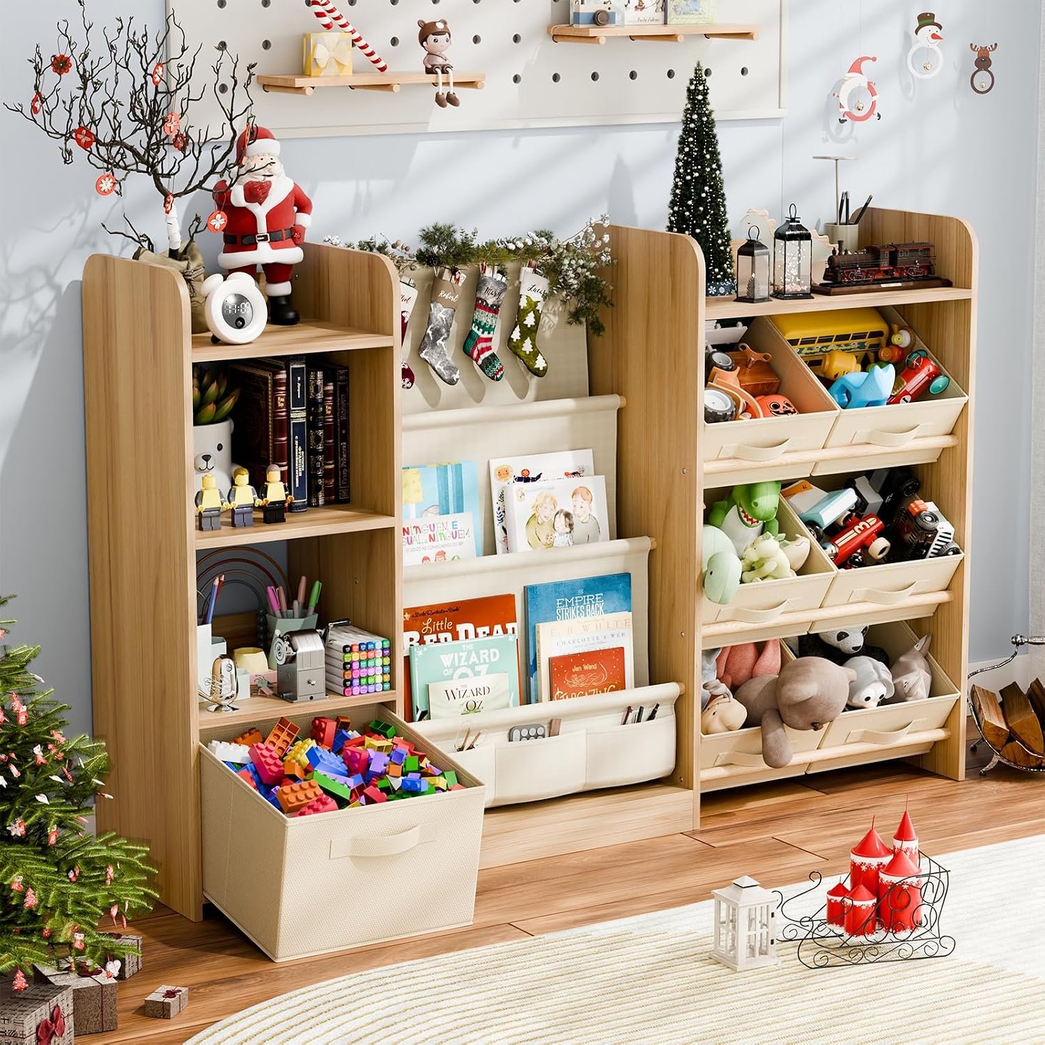 Kids Bookshelf and Toy Storage with 7 Removable Bins, 51 inch, Burlywood