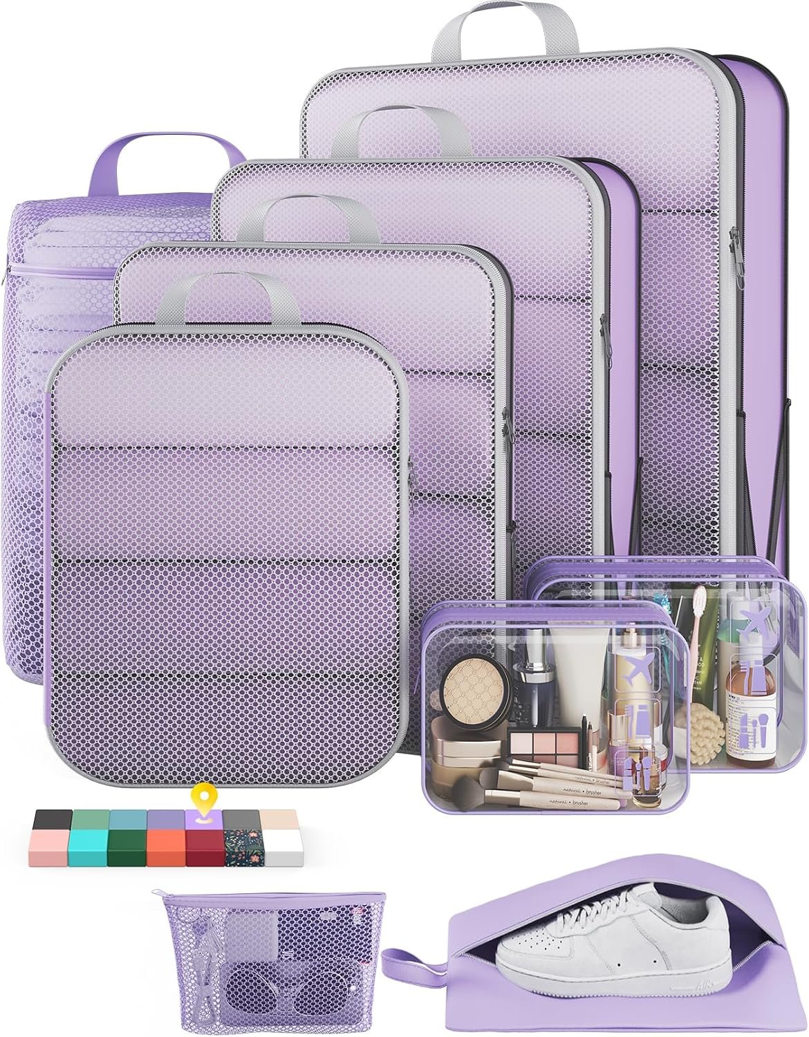 Veken 9/11 Set Compression Packing Cubes for Travel Essentials,Compressible Expandable Large Luggage Organizer Bags for Clothing,Space Saver Bags with Over 1000 pcs of Mesh Holes(Light Purple)