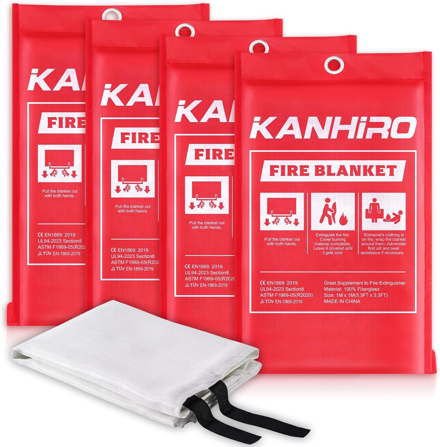 Emergency Fire Blanket for Home Kitchen – KANHIRO Fiberglass Fire Suppression Blanket Great for School, Fireplace, Grill, Car, Office, Warehouse (4 Pack, 40″x40″)