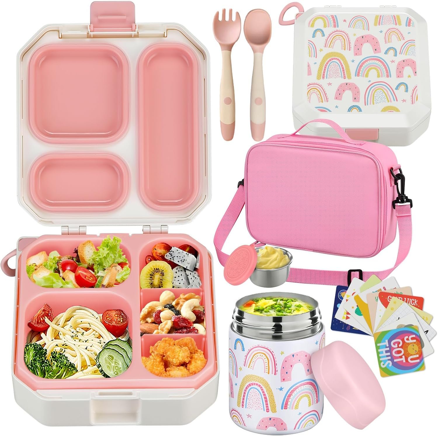 wiwens Bento Lunch Box for Kids with 12oz Soup Thermo Leak-Proof Lunch Food Container with 5 Compartment Thermo Hot Food Jar and Insulated Lunch Bag for Kid Toddler Girls Boys to School