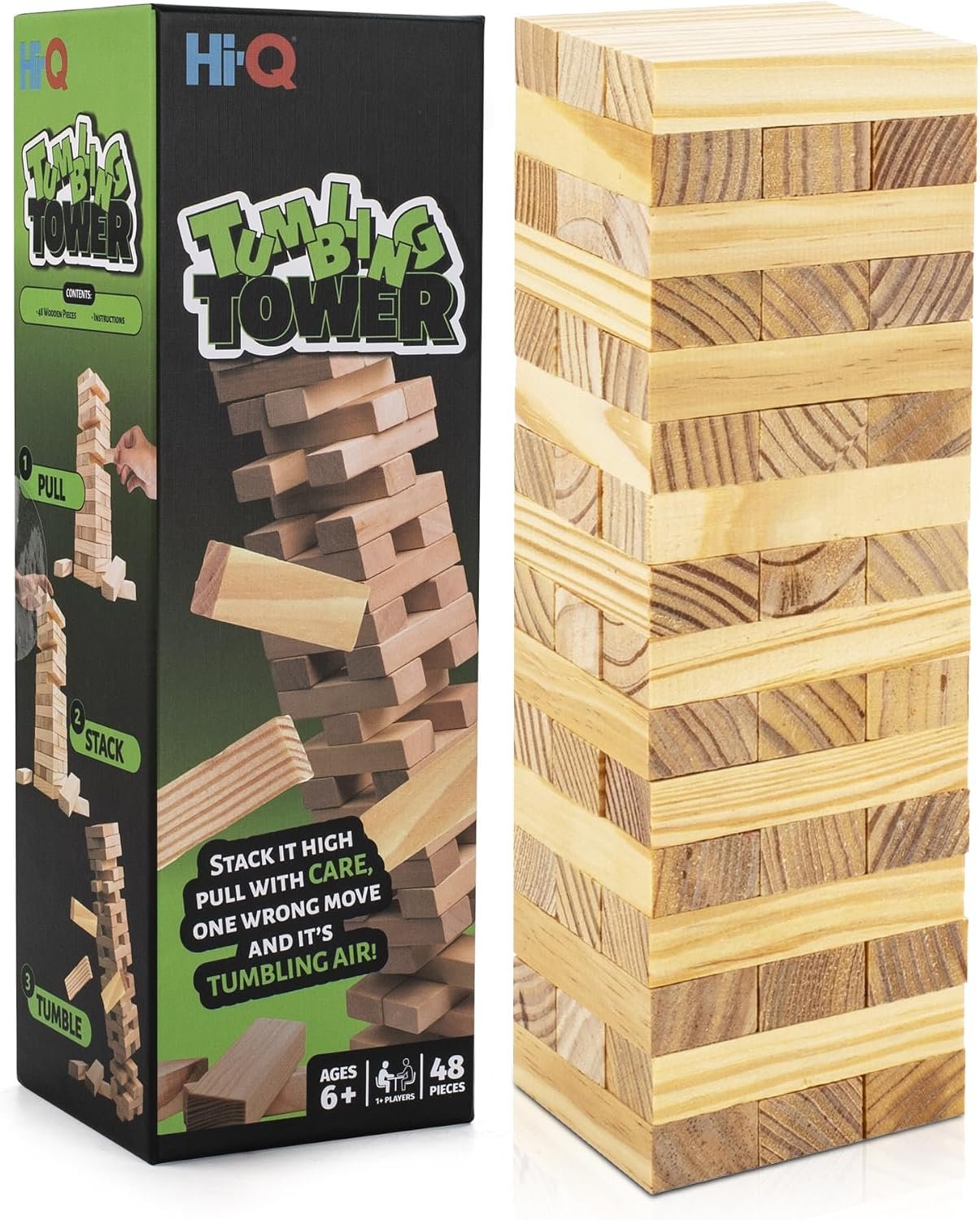 Tumbling Tower Blocks – 48 Piece Wooden Stacking Toy, Classic Balance Tower Game – Stack Tower Game for Kids & Adults, Family Party Fun Block Stacking Game Ages 6+