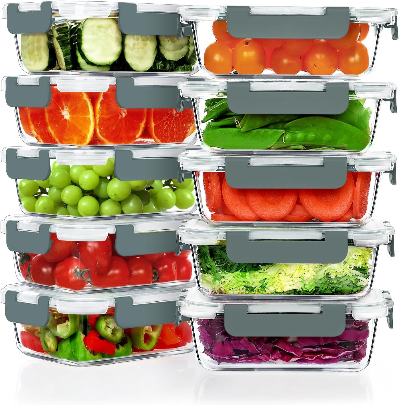 VERONES 10 PACK 22 OZ Glass Meal Prep Containers Set with Lids, Grey