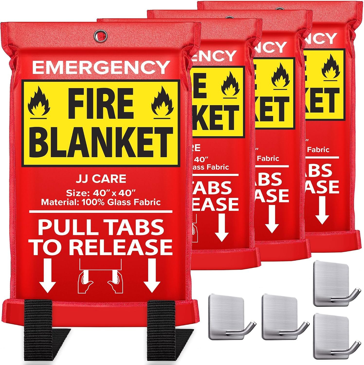 JJ CARE Fire Blanket – 4 Pack with Hooks, 40″ x 40″ Flame Retardant Emergency Safety Cover for Home, Kitchen, Grill, Car, Office, Camping, High Heat Resistant