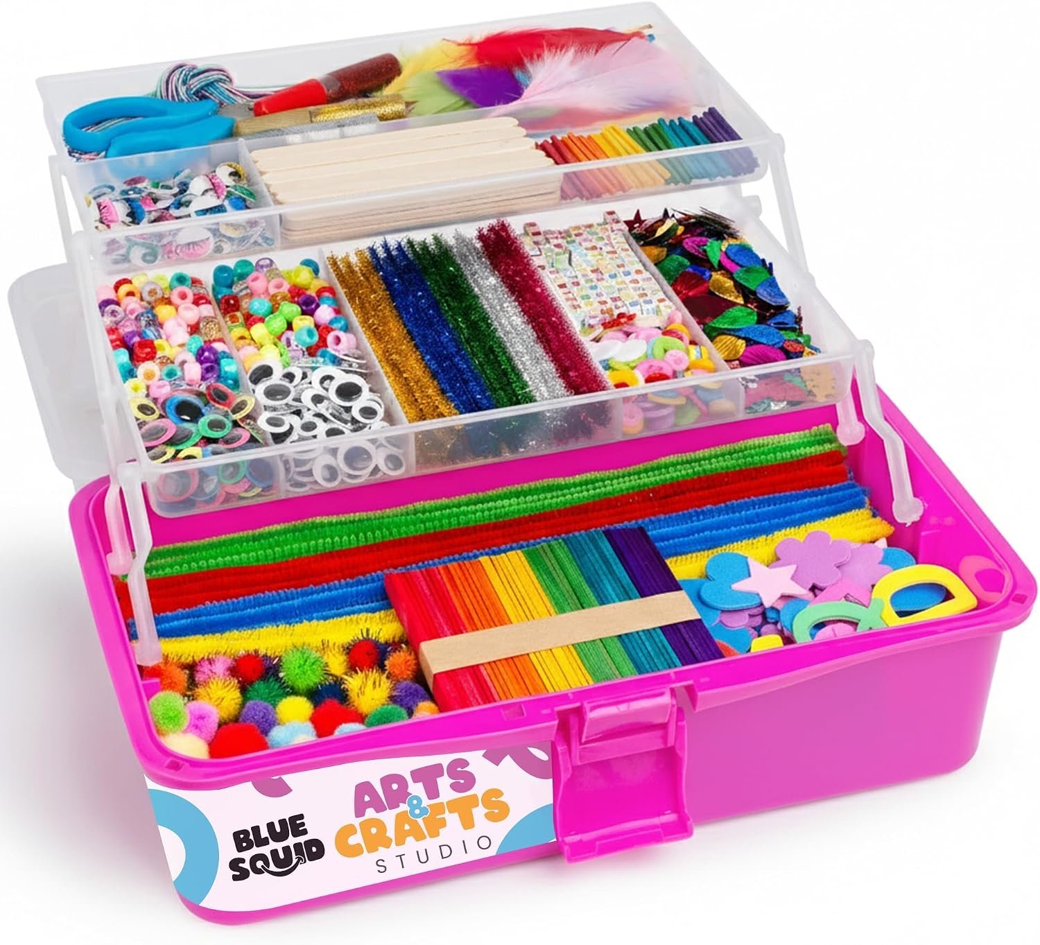 Blue Squid Arts & Crafts Box (Pink)- 2800+ pcs Deluxe Craft Supplies Box, 2 Drawers, 18 Compartments, Sturdy Handle – Art Crafting Kit Birthday Gifts for Kids, School Supply for Ages 4-12