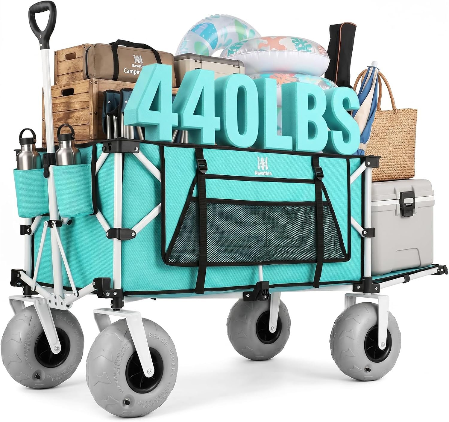 Navatiee 260L Beach Wagon with Extended Tailgate, 440lbs Heavy Duty Beach Cart with 9” Big Balloon Wheels for Sand, Collapsible Folding Wagon with Side Pocket for Outdoor, Light Blue