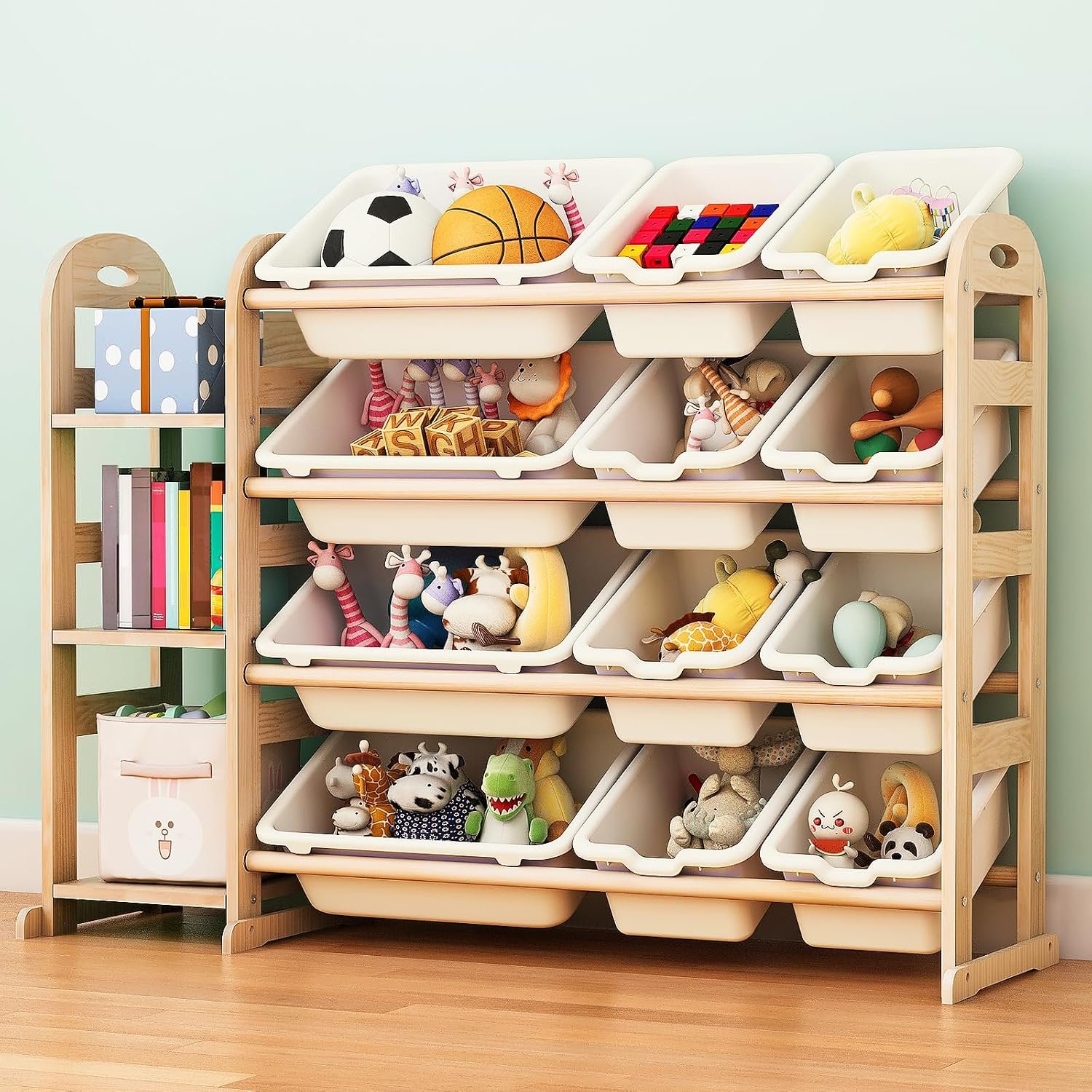 Toy Storage Organizer, Wooden Toy Organizers and Storage with Bookshelf, Toy Storage Shelf with 3 Shelves and 12 Storage Bins, Kids Bookshelf for Playroom, Nursery, Bedroom, Bookcase for Kids, White