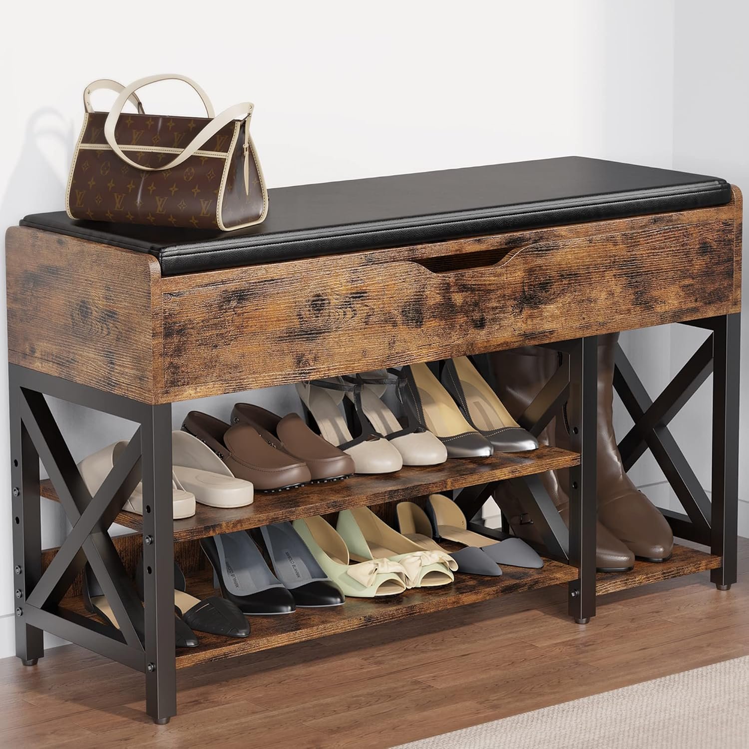 Shoe Bench, Lift Top Shoe Storage Bench, Adjustable Shelf Entryway Bench, Metal and Wood Shoe Rack Organizer with Cushion for Entry, Bedroom, Closet, Living Room, Hallway (Brown, 35.5“W)