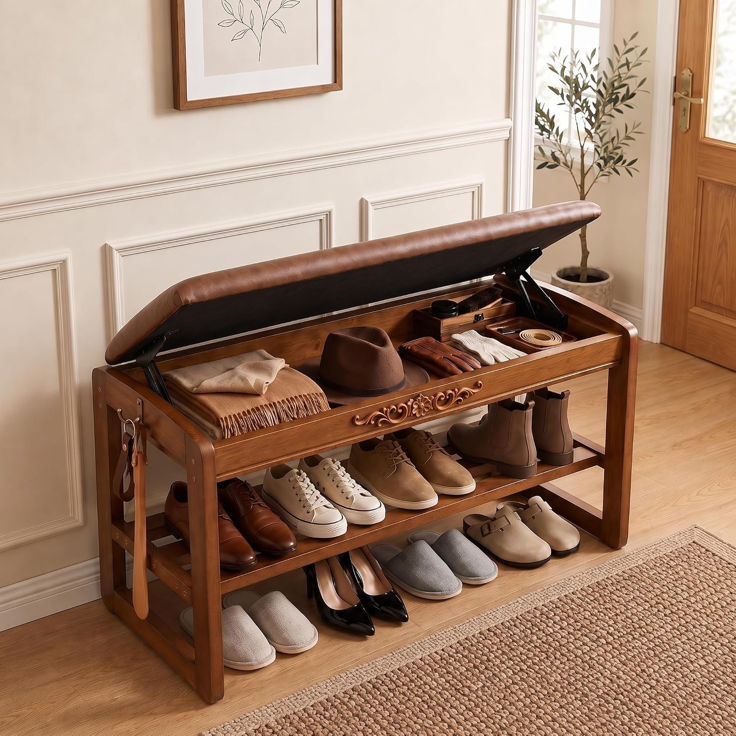 Solid Wood Shoe Rack Bench with Flip-Top Storage Padded Leather Seat 31.5”