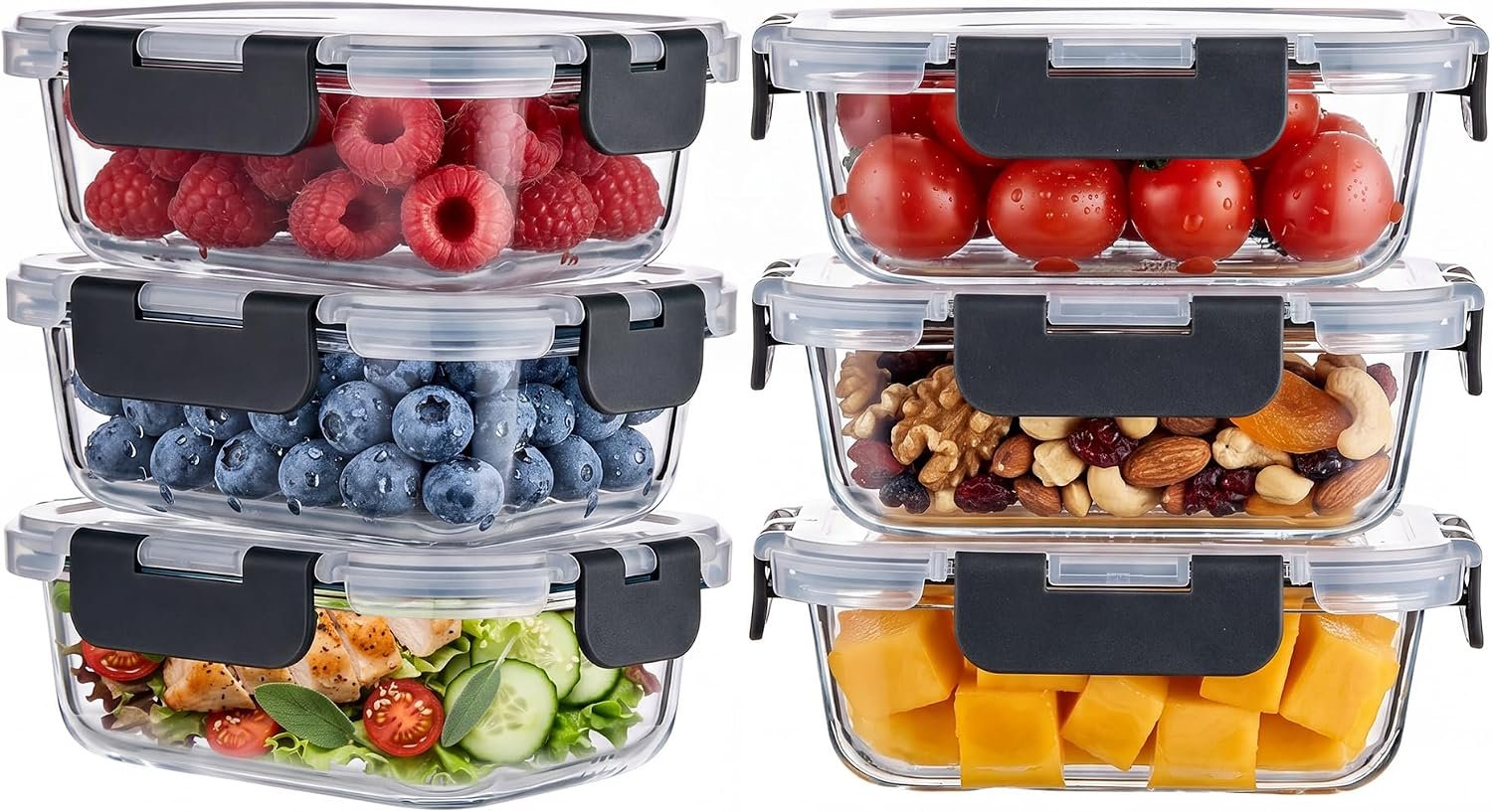 6-Pack 12 oz Airtight Leakproof Glass Food Storage, Glass Meal Prep Containers with Lids, Freezer, Microwave & Dishwasher Safe Bento Lunch Boxes for Home & Office, Gray