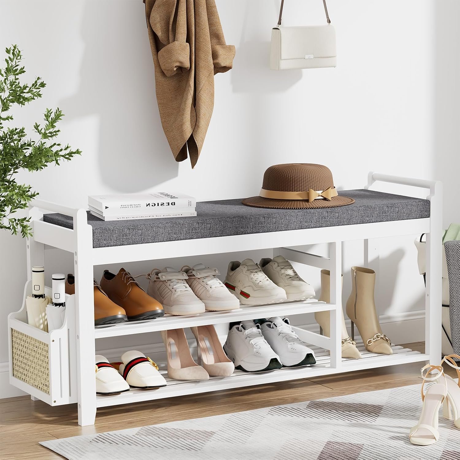 Homaxy 2-Tier Shoe Rack Bench, 39.4 in, White and Dark Grey