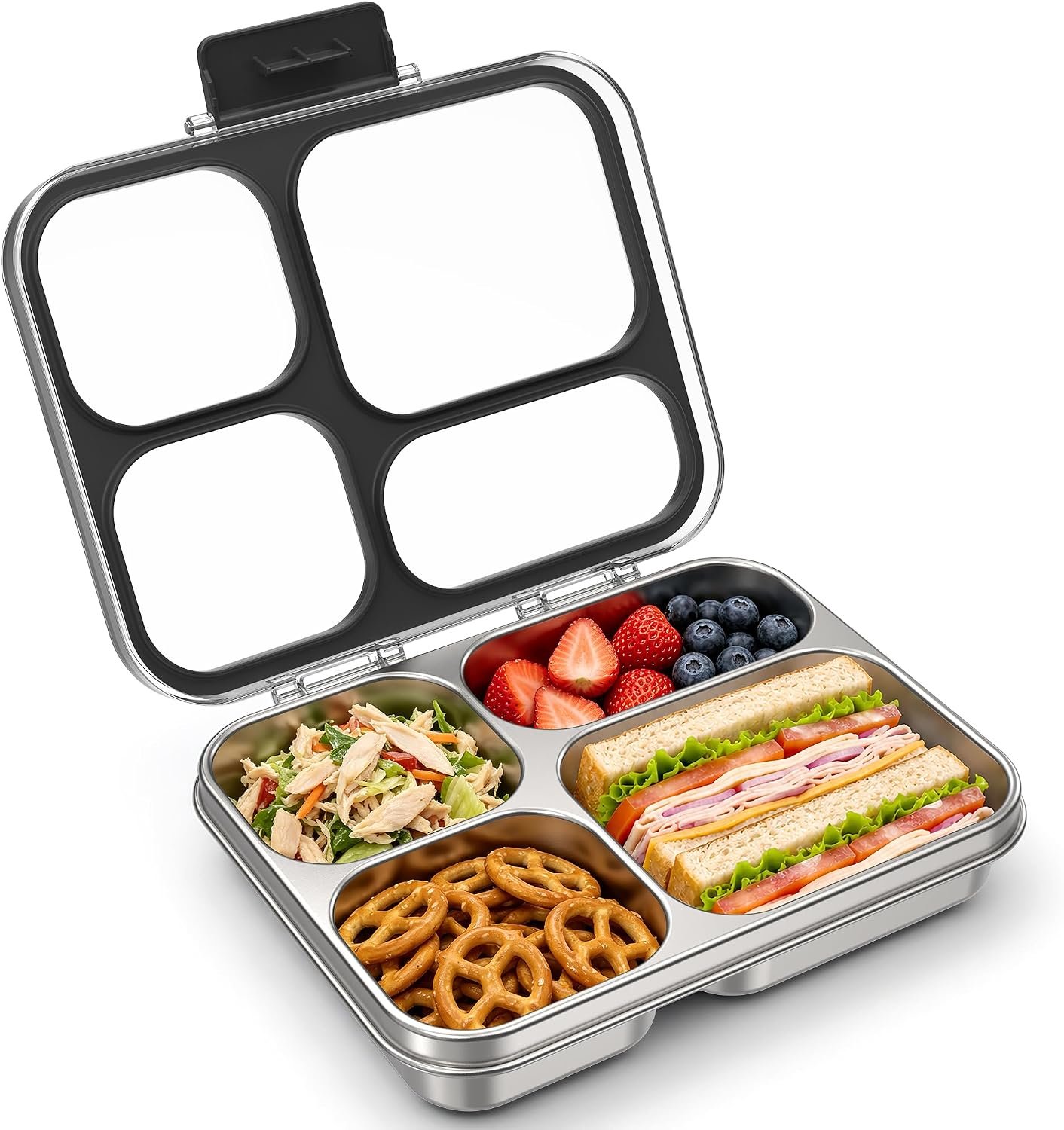 HOMEKOL Stainless Steel Bento Lunch Box, 4 Cups, Black