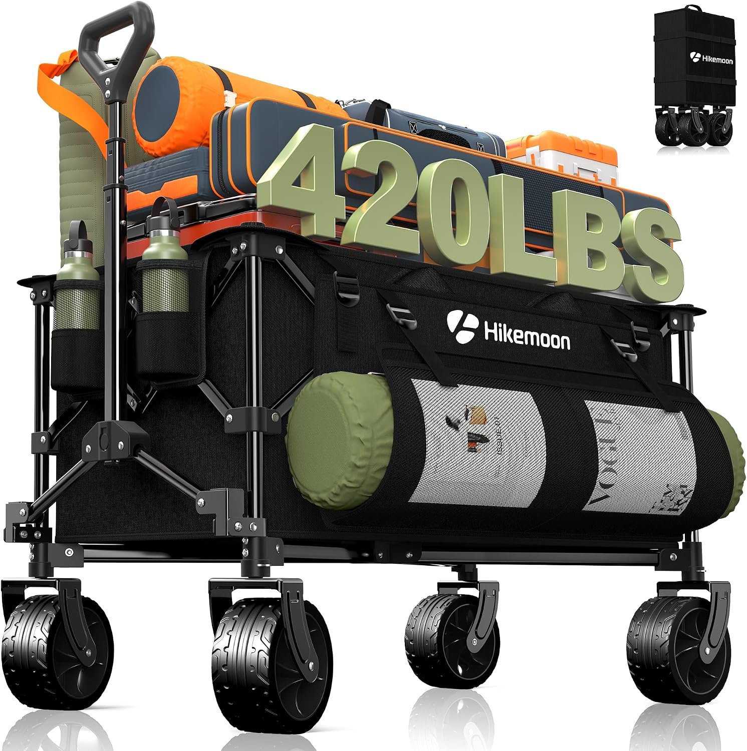 HIKEMOON 150L Collapsible Wagon Compact with Big Wheels, 420LBS Black