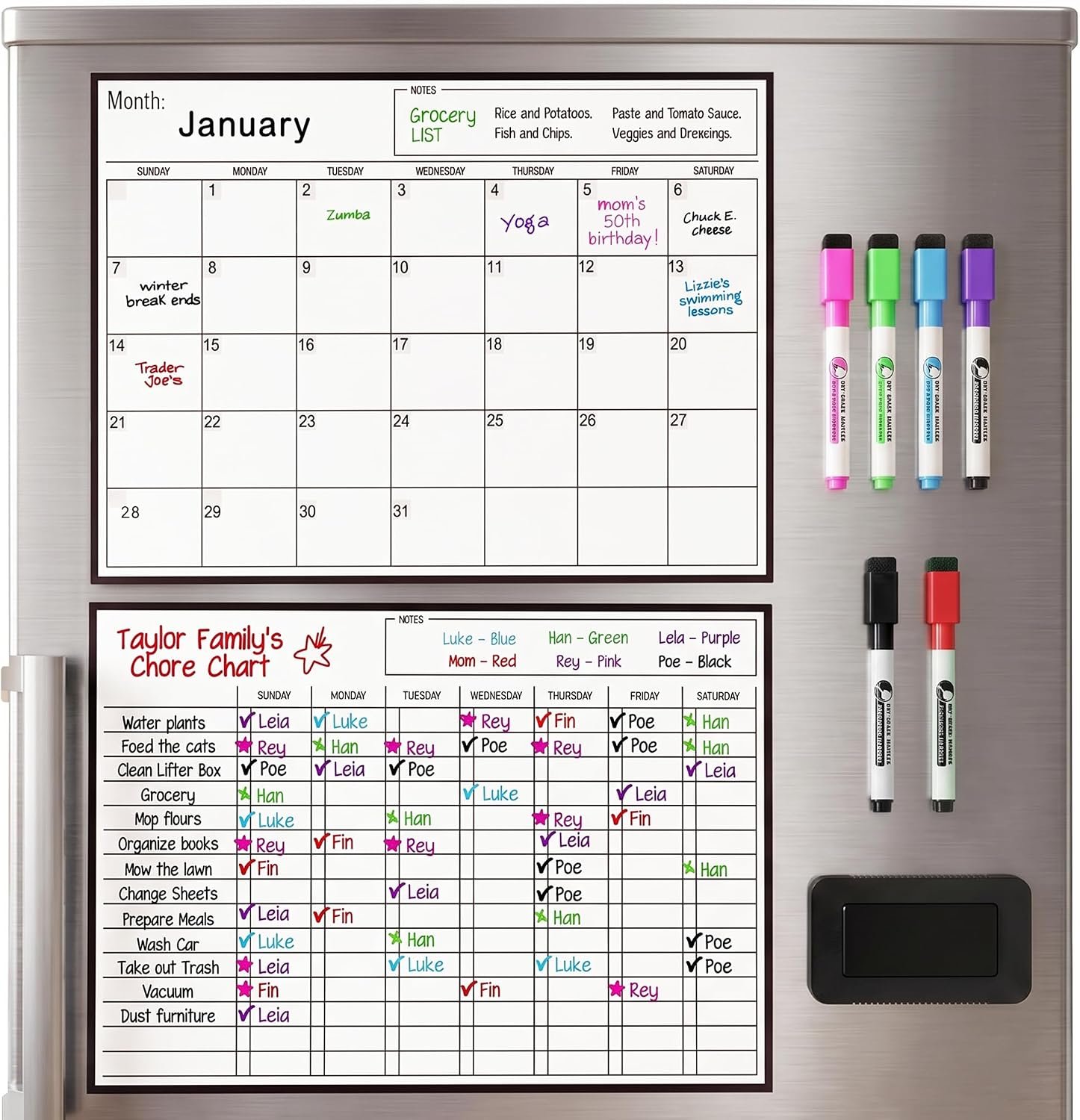 2 Pack Magnetic Dry Erase Calendar for Fridge & Chore Chart,17 “x 12”