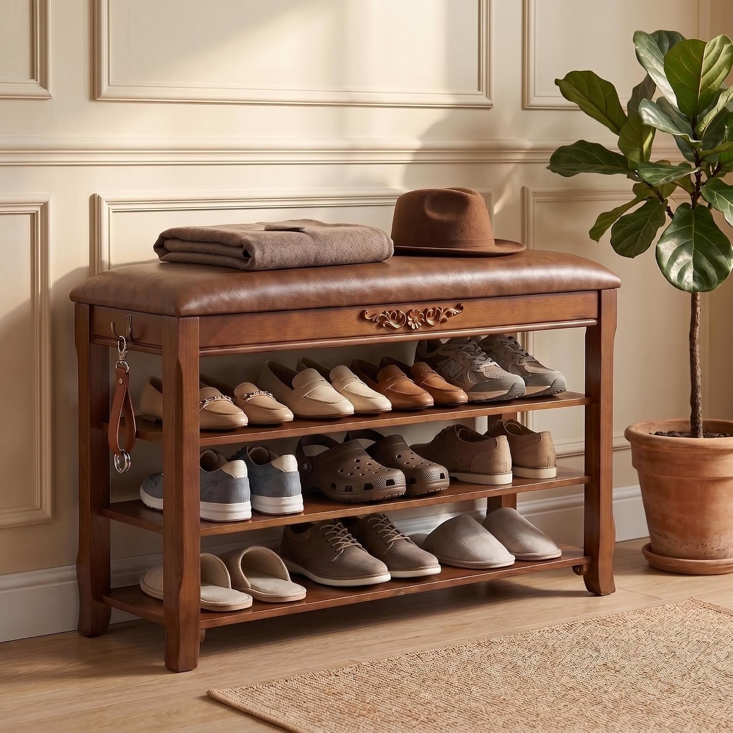 Shoe Rack Bench Entryway Storage with Leather Cushion, 31.5″