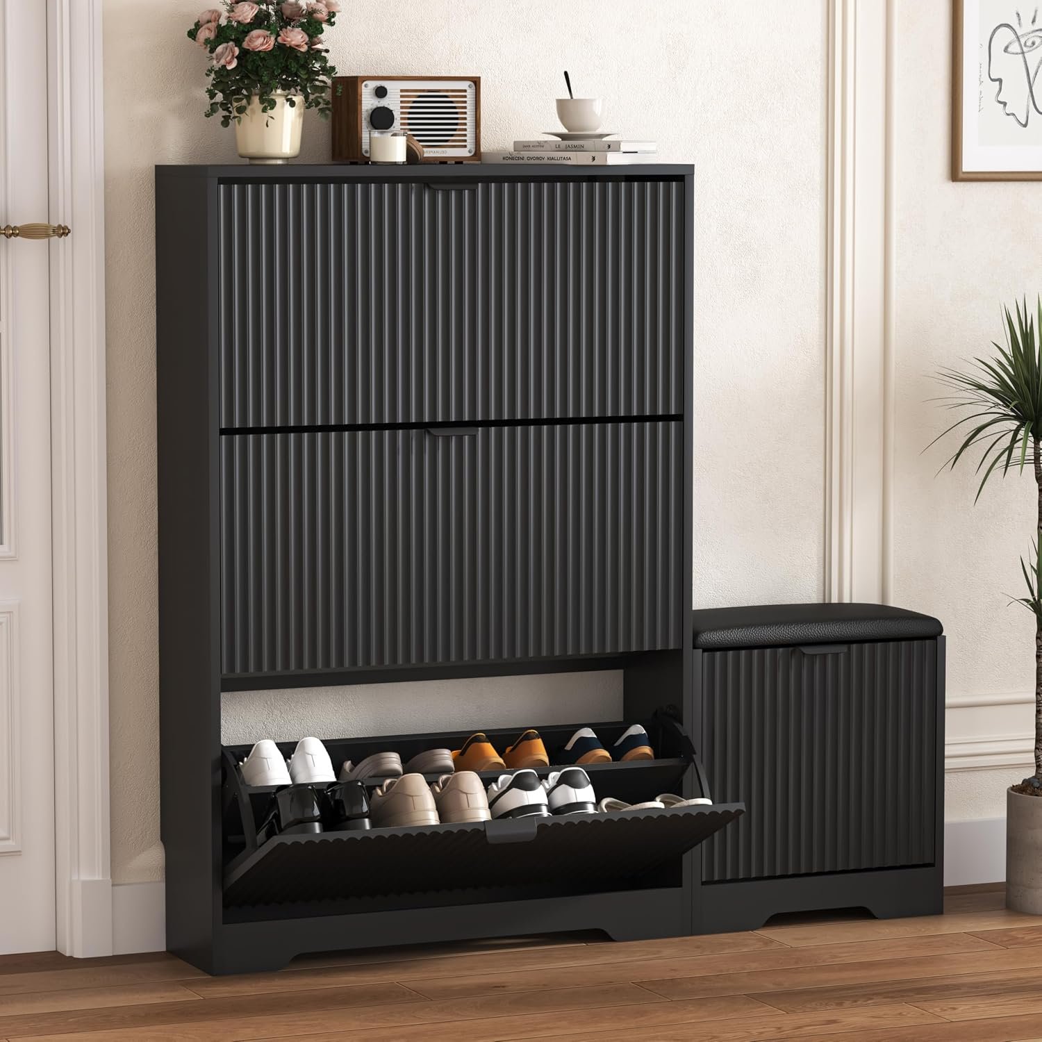 HUANLEGO Shoe Cabinet Storage for Entryway with Flip Drawer & Bench, Black