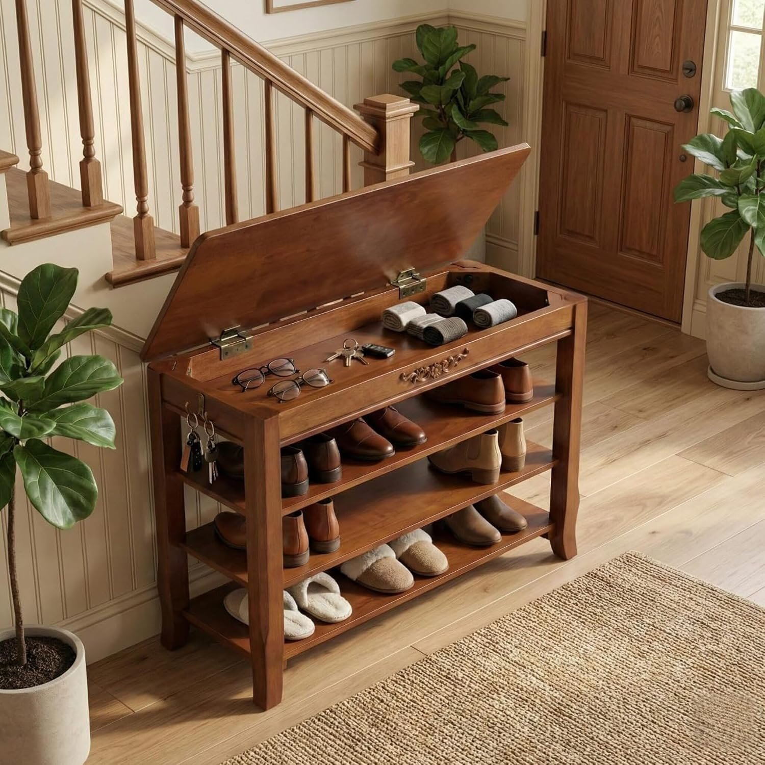 Shoe Rack Bench with Storage 3 Tier Solid Wood Entryway Shoe Rack 31.5″