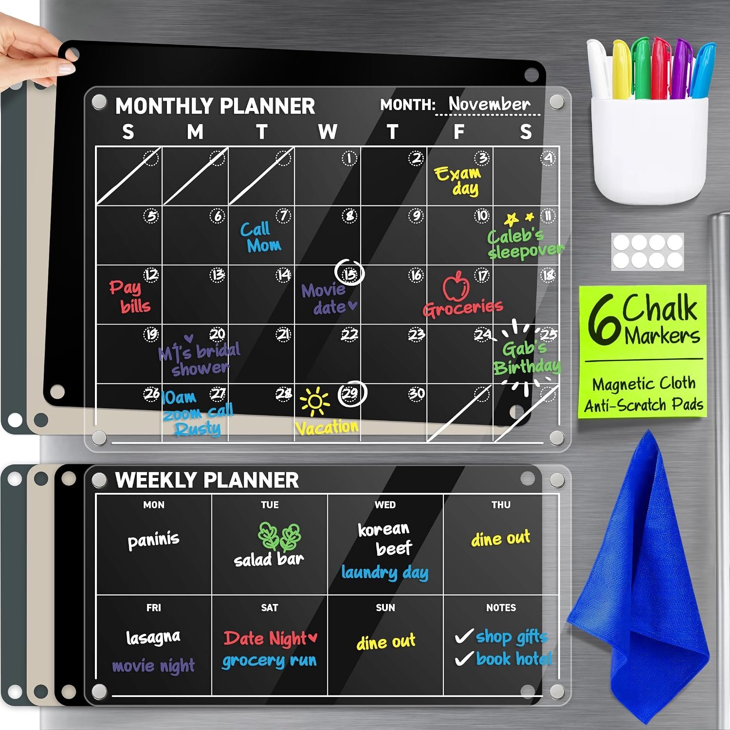 Acrylic Calendar for Fridge – Magnetic Calendar for Refrigerator – 2pc Family Refrigerator Magnetic Dry Erase Planning Board Monthly Weekly – 6 Liquid Chalk Markers & 3 Interchangeable Backgrounds