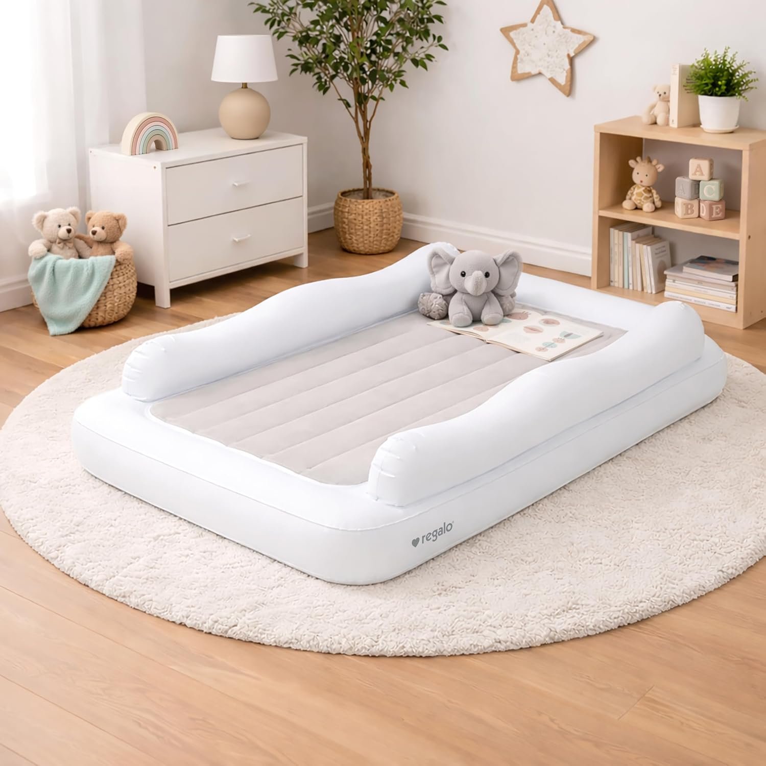 Regalo Inflatable Toddler Travel Bed with Safety Rail Bumpers, Portable Toddler Air Mattress with Pump & Carry Bag, Foldable Kids Bed for Travel, Camping & Sleepovers, Ages 2–5