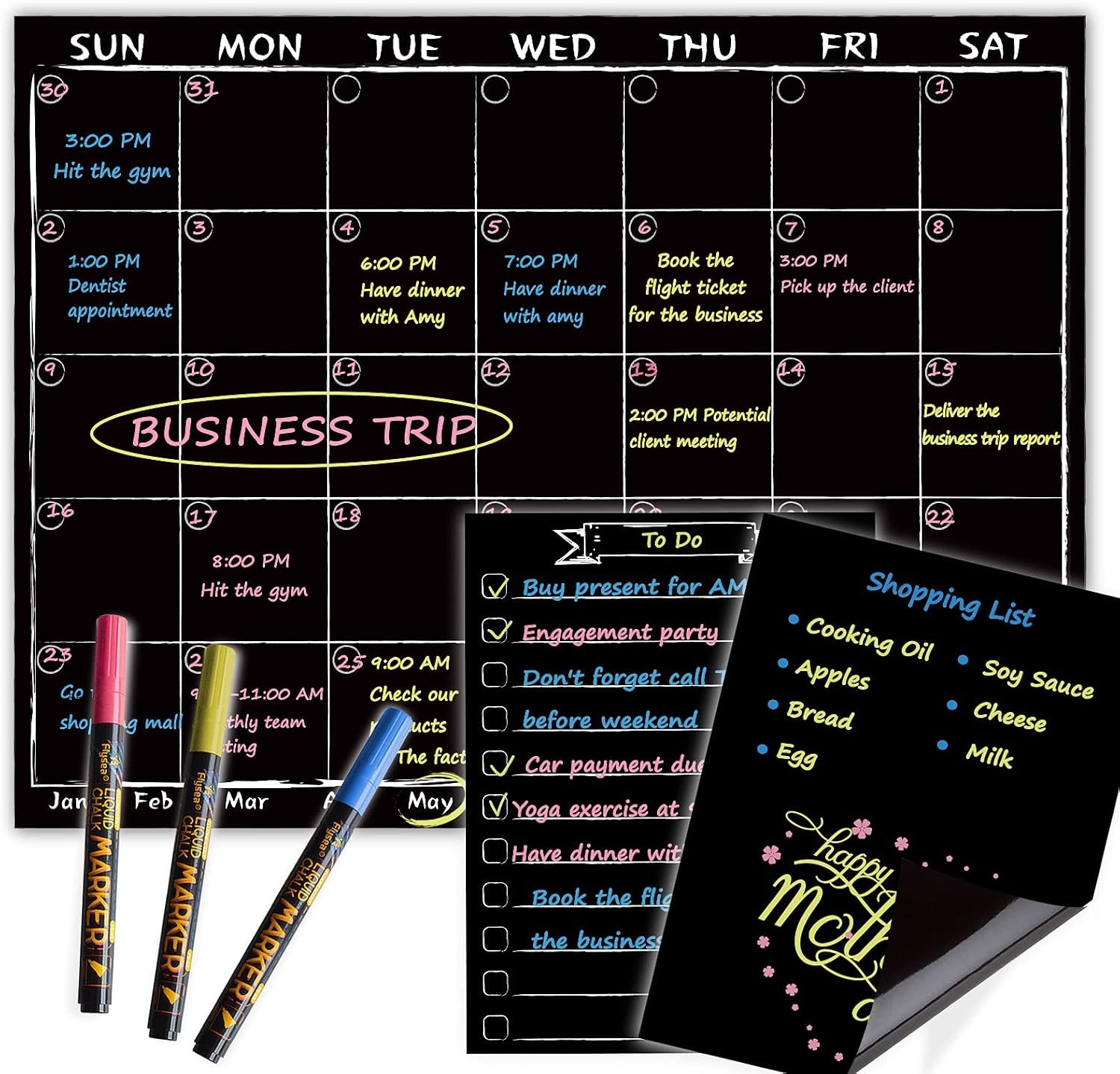 Magnetic Chalkboard Monthly Calendar with neon Bright Liquid Chalk Markers – Black Refrigerator Monthly Planning Board w/Bonus – Grocery List and Notepad for Kitchen Refrigerator