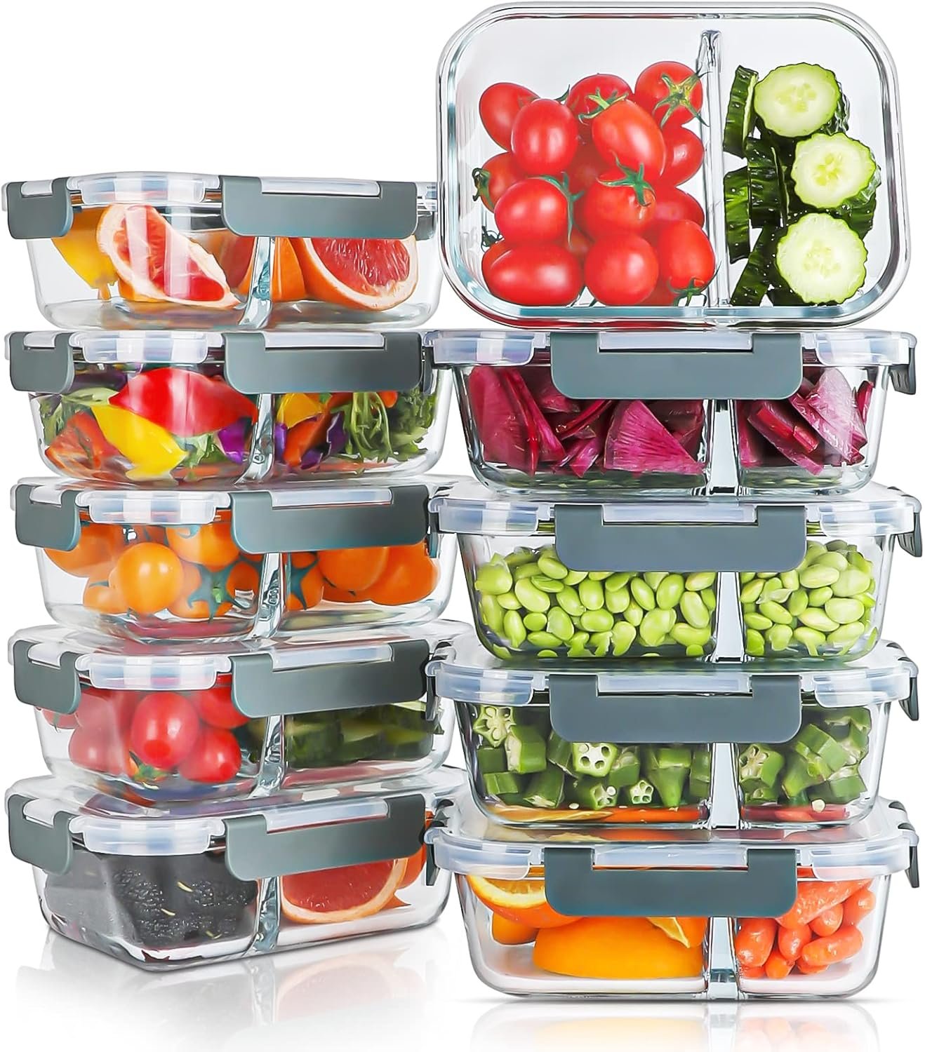 KOMUEE 10 Packs 30oz Glass Meal Prep Containers 2 Compartments