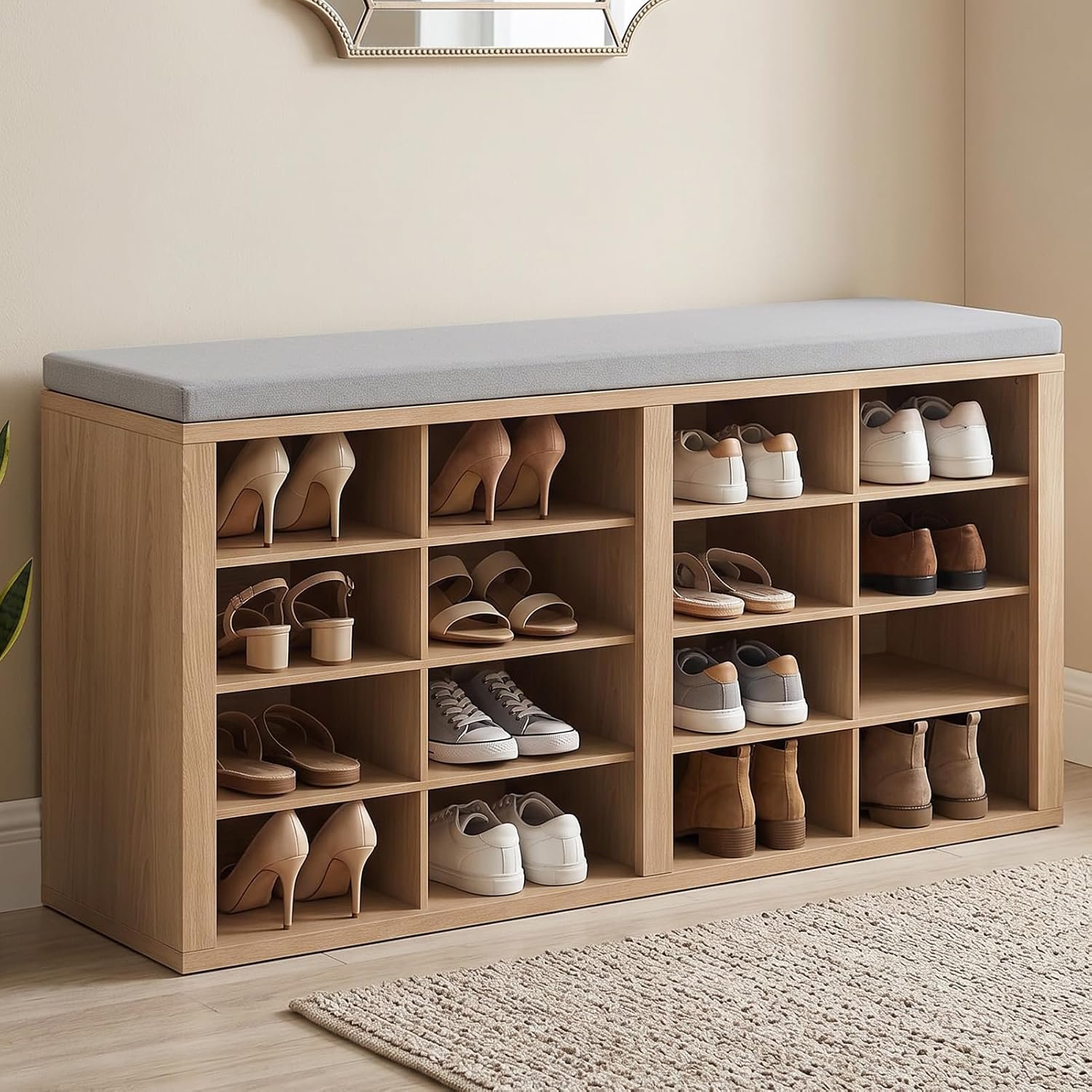Shoe Rack Bench, Shoe Storage Bench with Cushion, Shoe Organizer 16 Cubbies for Entryway Hallway Bedroom Living Room, Holds Up to 400lbs