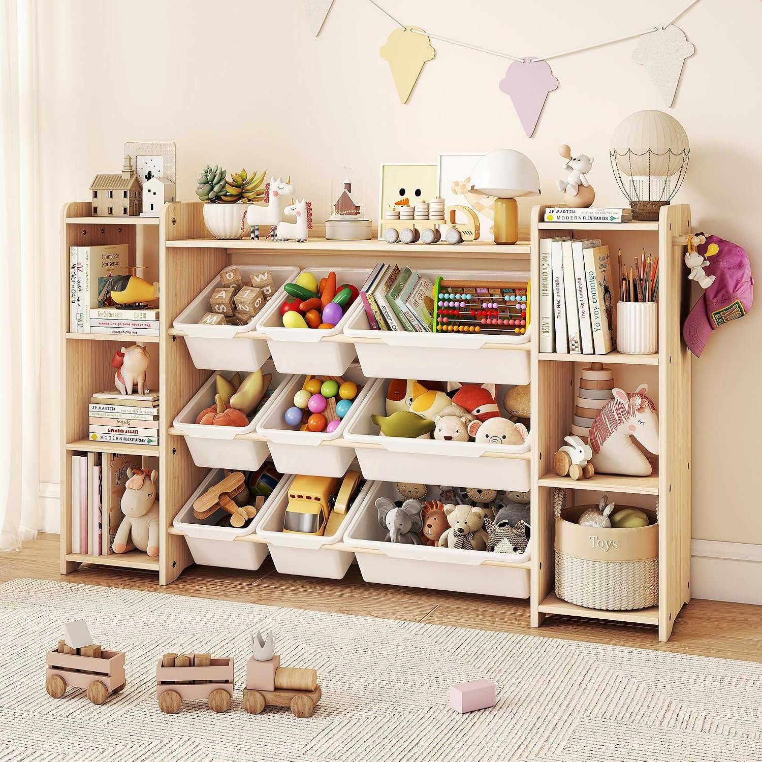 GITAWUSA Toy Storage Organizer, Kids Bookshelf with 6 Shelves, 9 Toy Bins & 6 Hooks | Toy Shelf, Storage Bin Unit, Toy Organization for Playroom, Nursery, Bedroom, Toddler Room, White, 57”W