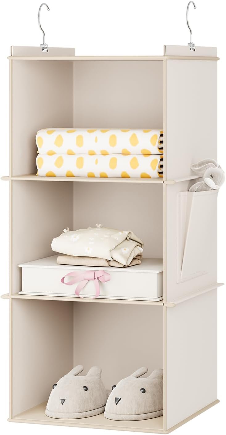 YOUDENOVA Hanging Closet Organizer and Storage for Clothes, 3-Shelf, Beige